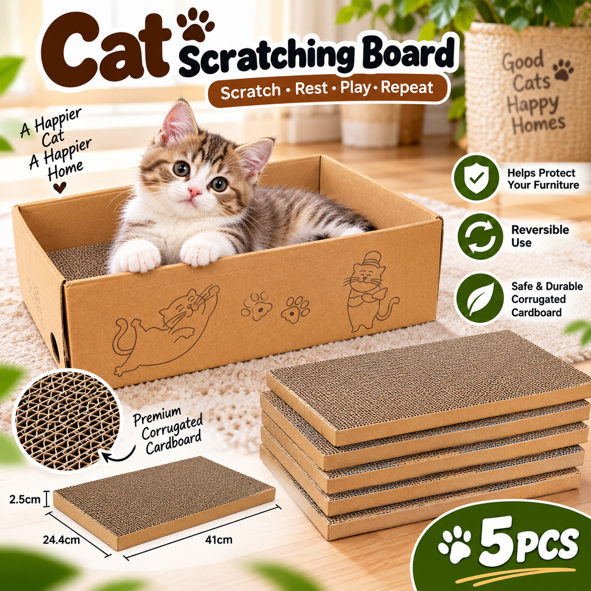 5X Cat Scratcher Scratching Board Pad Corrugated Cardboard Kitten Bed Indoor