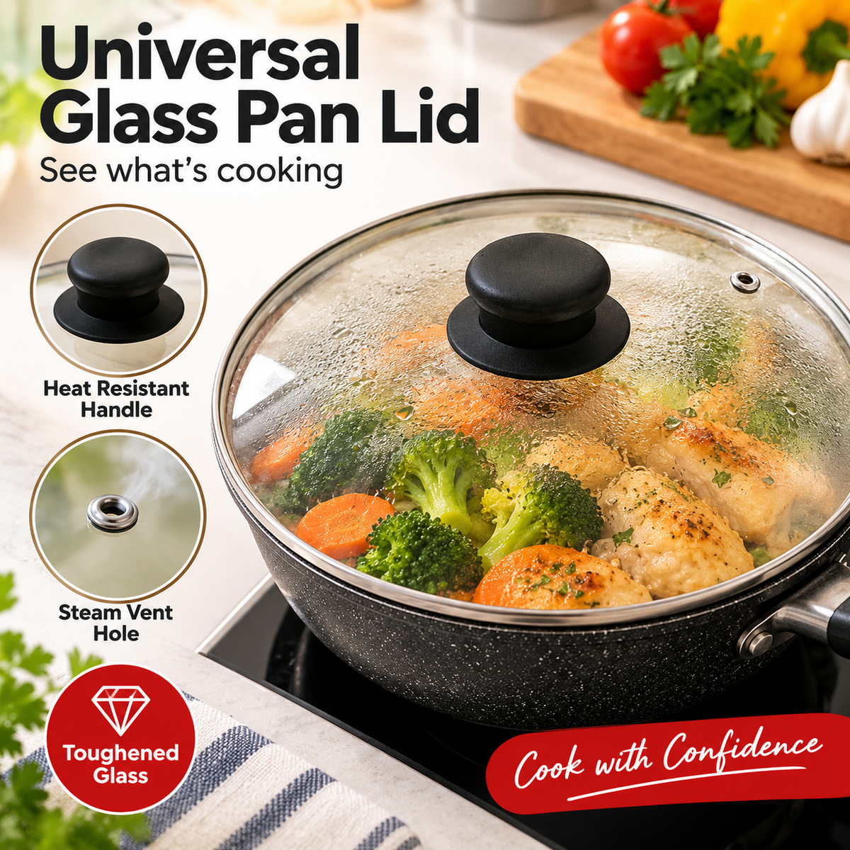 Glass Pan Lid Replacement Tempered Glass Saucepan Frying Pan Pot Cover with Knob