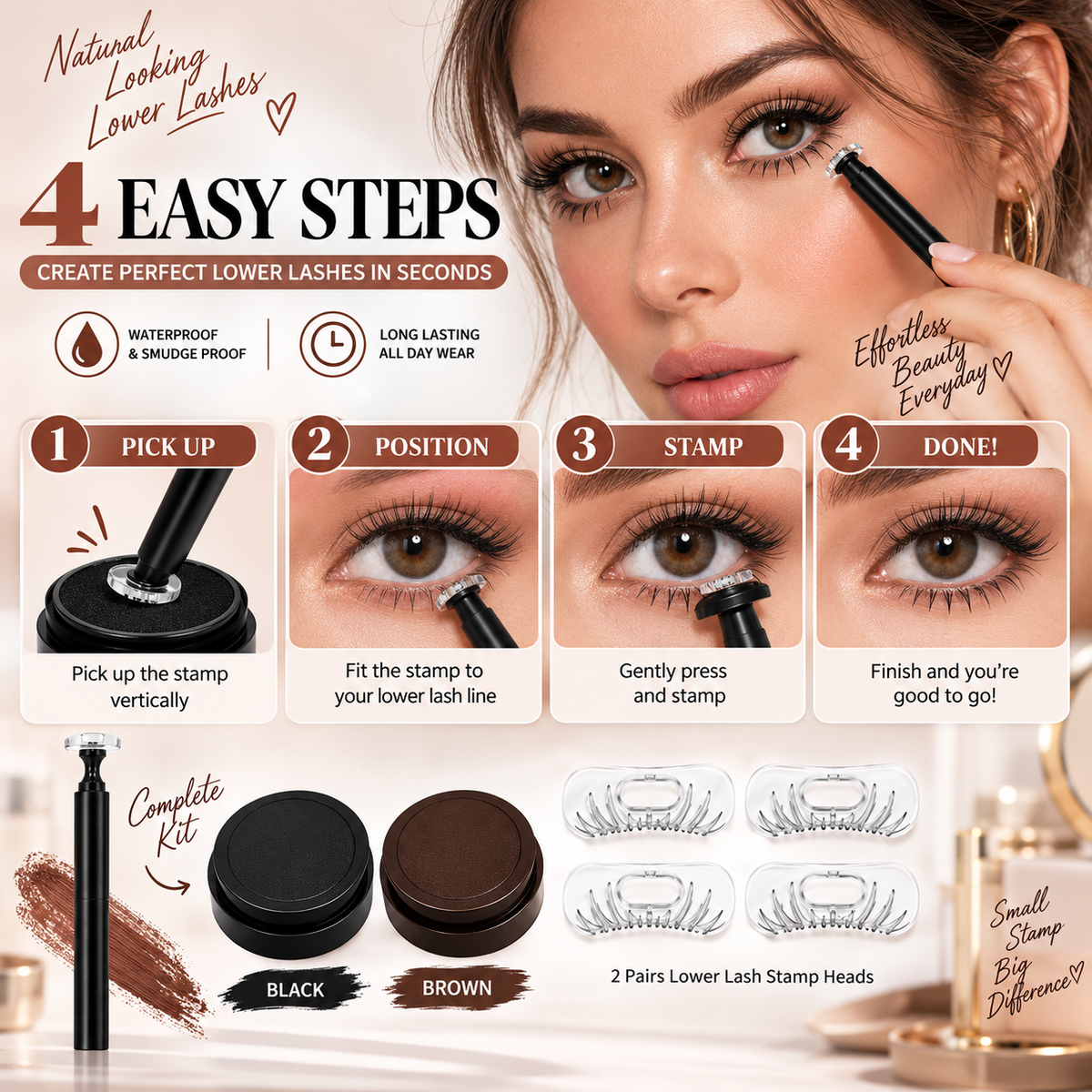 2 in 1 Lower Eyelash Stamp Kit Waterproof Bottom Lash Stamp Black Brown Makeup