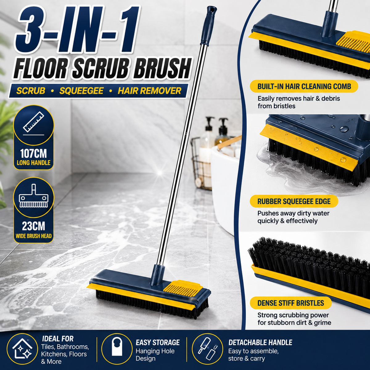 3 in 1 Floor Scrub Brush Long Handle Stiff Bristle Squeegee Hair Cleaning Comb
