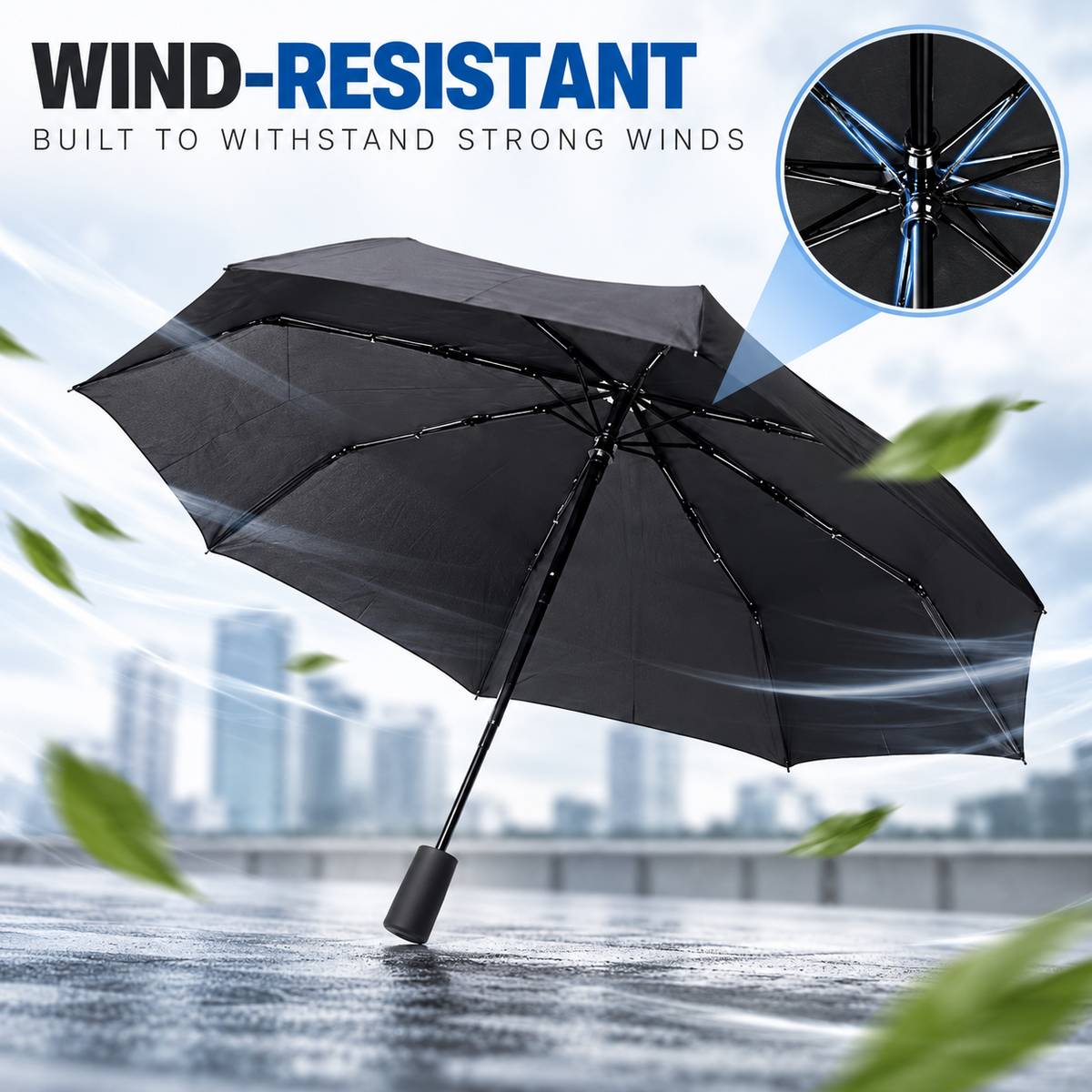 Compact Folding Umbrella Wind Resistant Lightweight Travel Rain Umbrella Black
