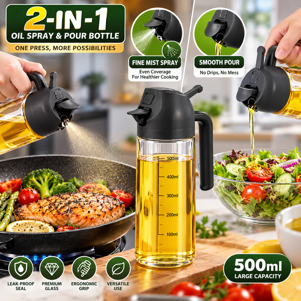 2 in 1 Oil Sprayer & Dispenser Glass Spray Pour Bottle for Cooking Kitchen