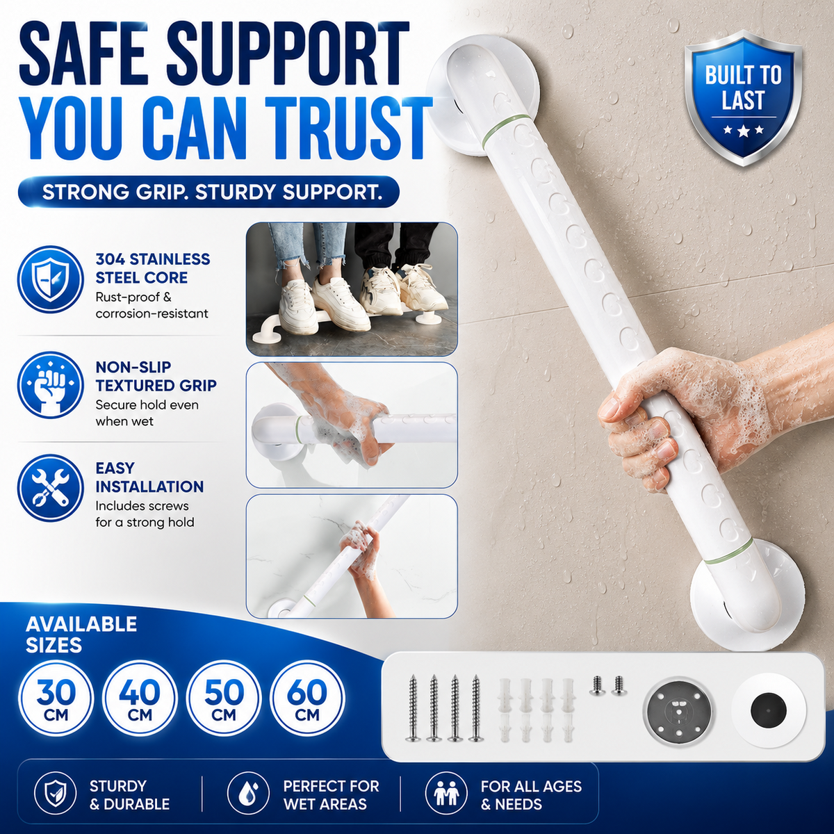 Bathroom Grab Rail Non Slip Shower Safety Handle Stainless Steel Elderly Disable