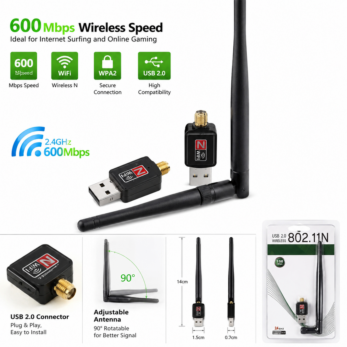 600Mbps USB WiFi Adapter Wireless Network Dongle for PC Laptop Windows UK