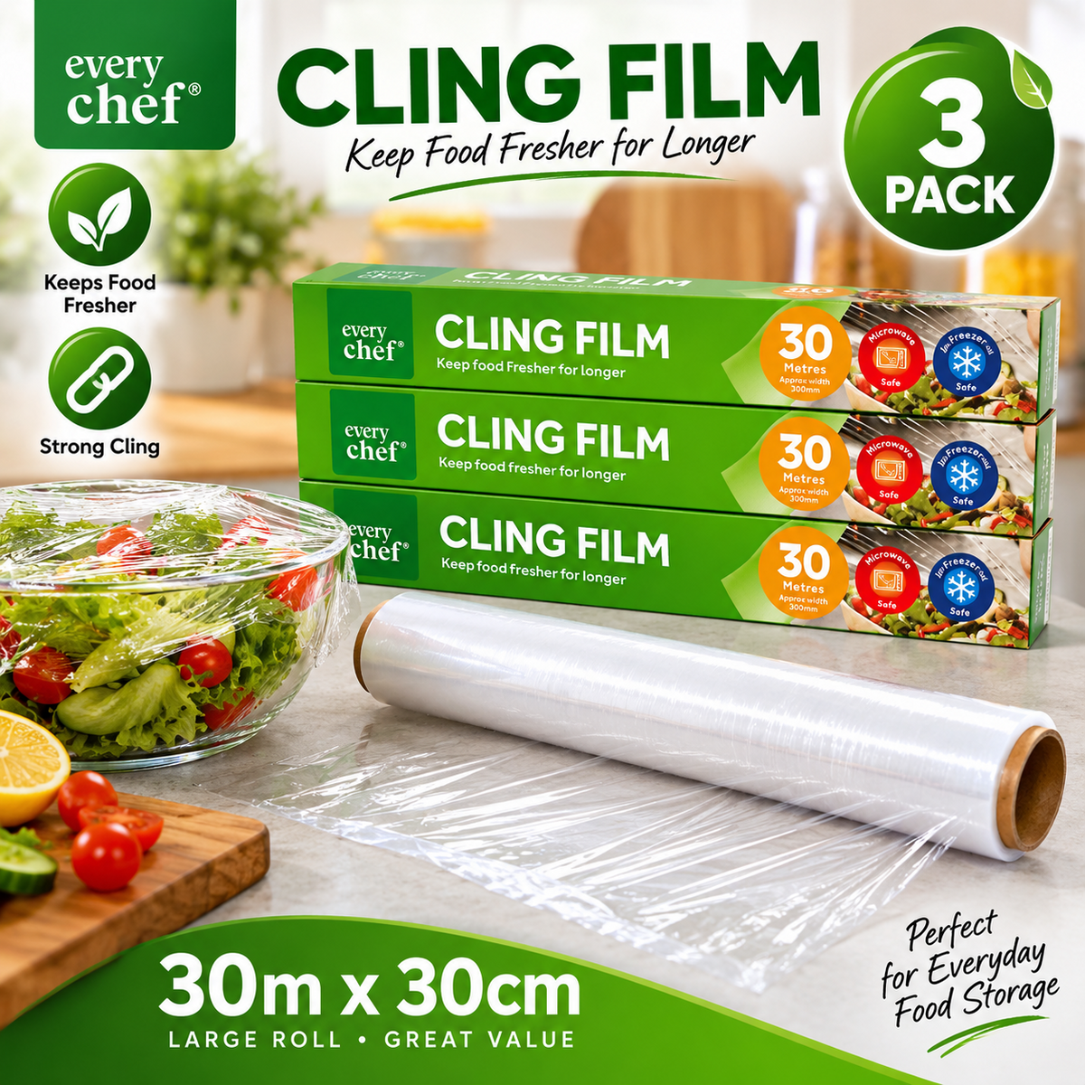 3PCS Cling Film 30m x 30cm Food Wrap Roll Kitchen Microwave Freezer Safe Clear