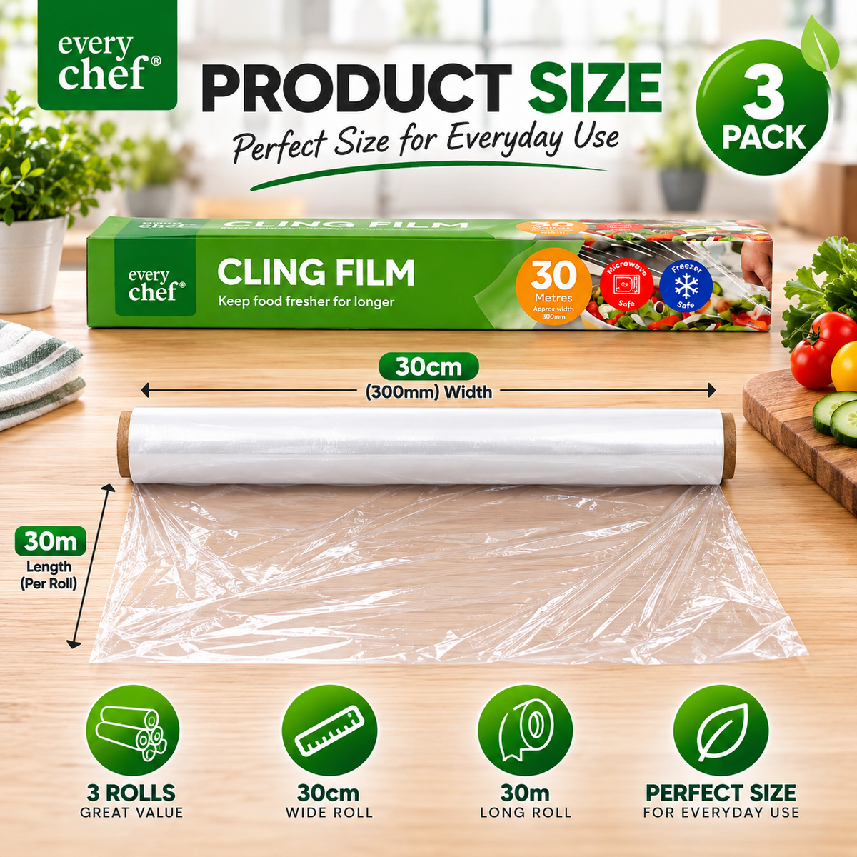 3PCS Cling Film 30m x 30cm Food Wrap Roll Kitchen Microwave Freezer Safe Clear