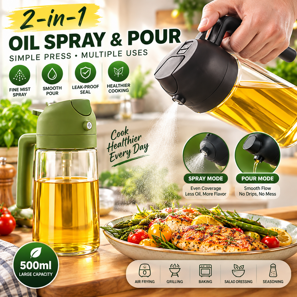 2 in 1 Oil Sprayer & Dispenser Glass Spray Pour Bottle for Cooking Kitchen