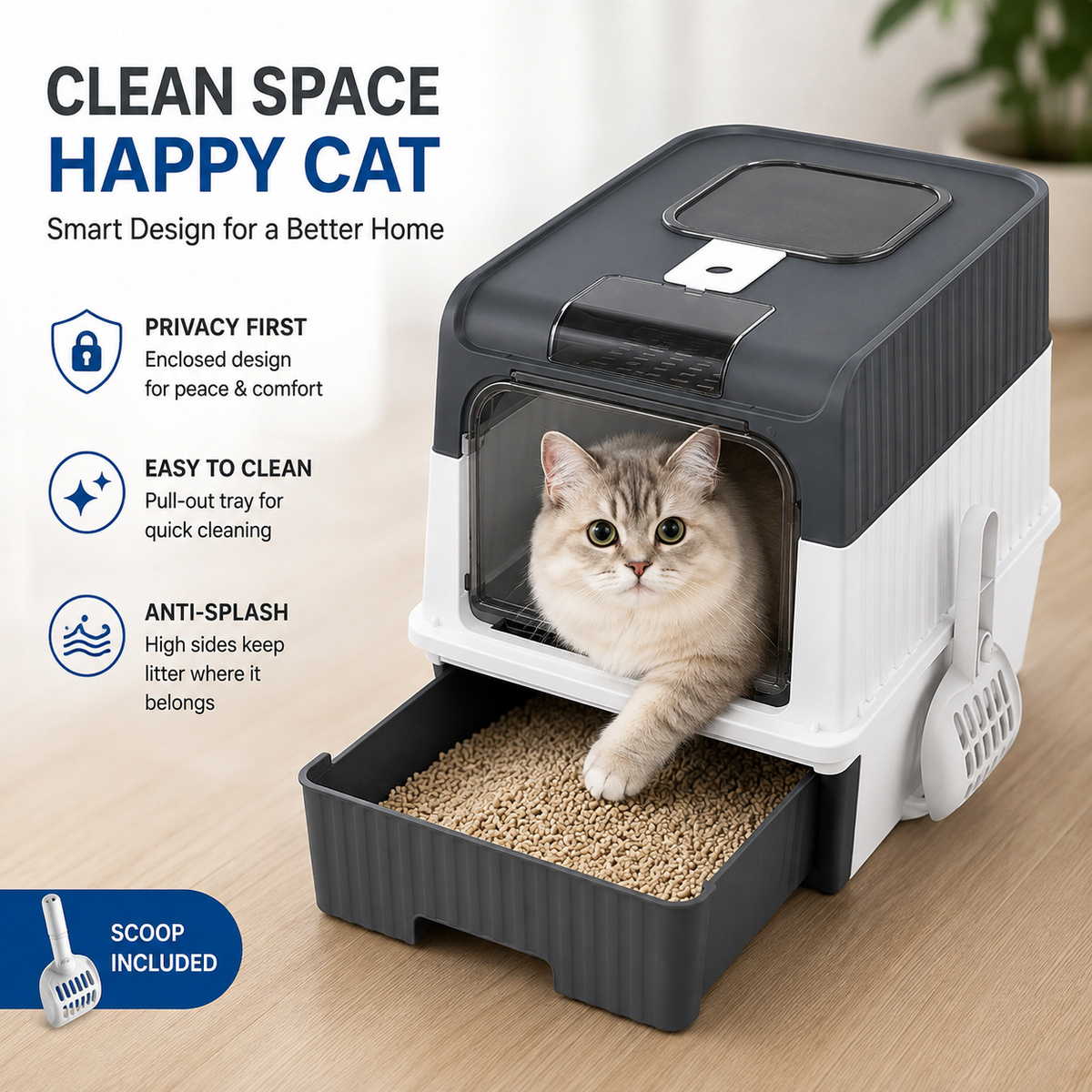 Large Enclosed Cat Litter Box Pull Out Drawer Anti-Splash Toilet Tray Grey UK