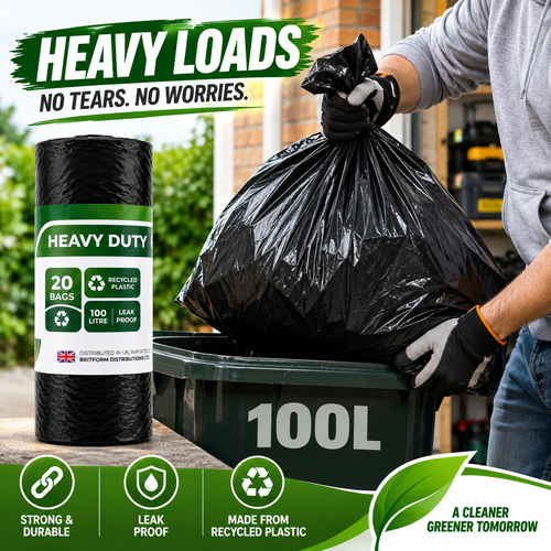 20PCS 100L Heavy Duty Bin Bags Black Refuse Sacks Leak Proof Recycled Plastic