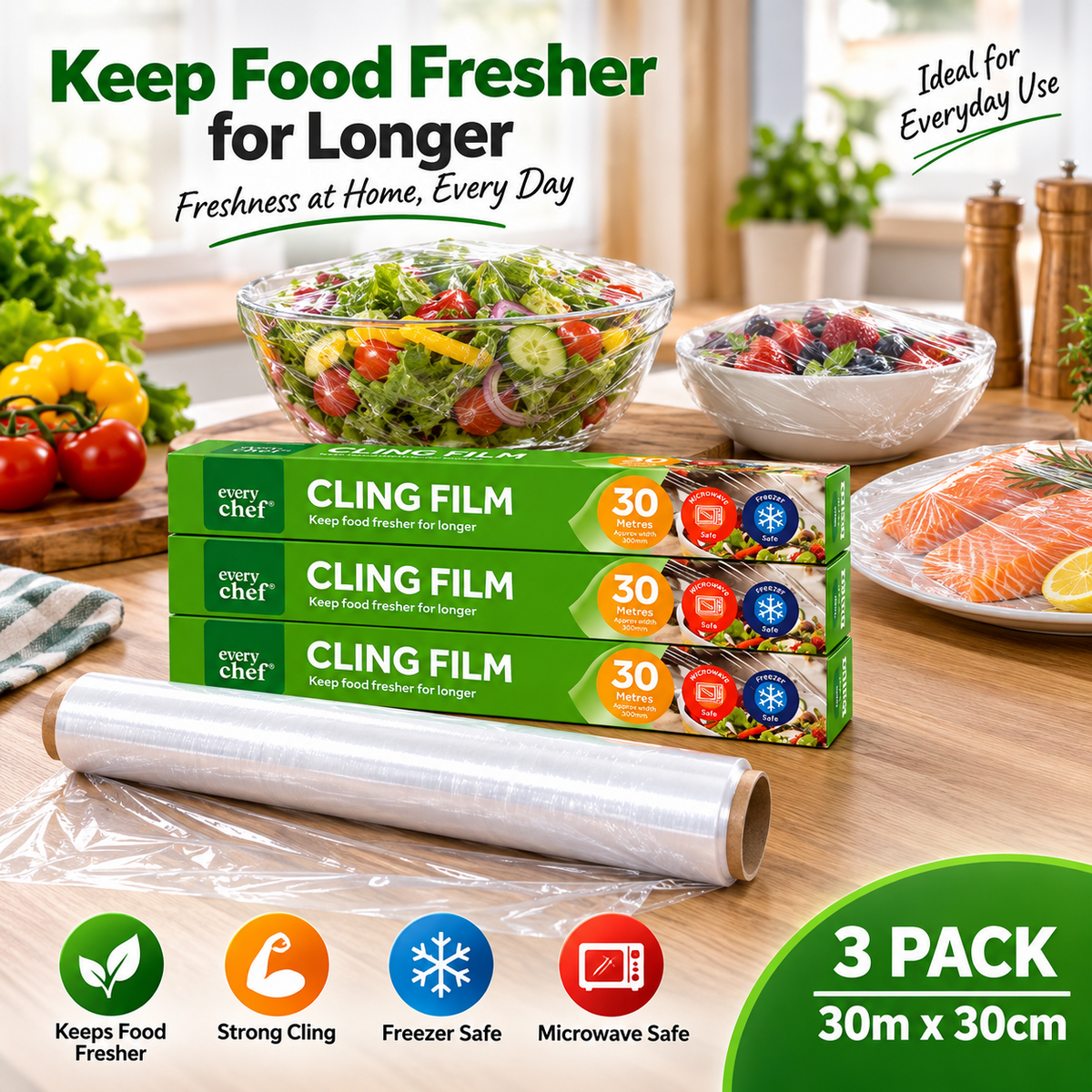 3PCS Cling Film 30m x 30cm Food Wrap Roll Kitchen Microwave Freezer Safe Clear