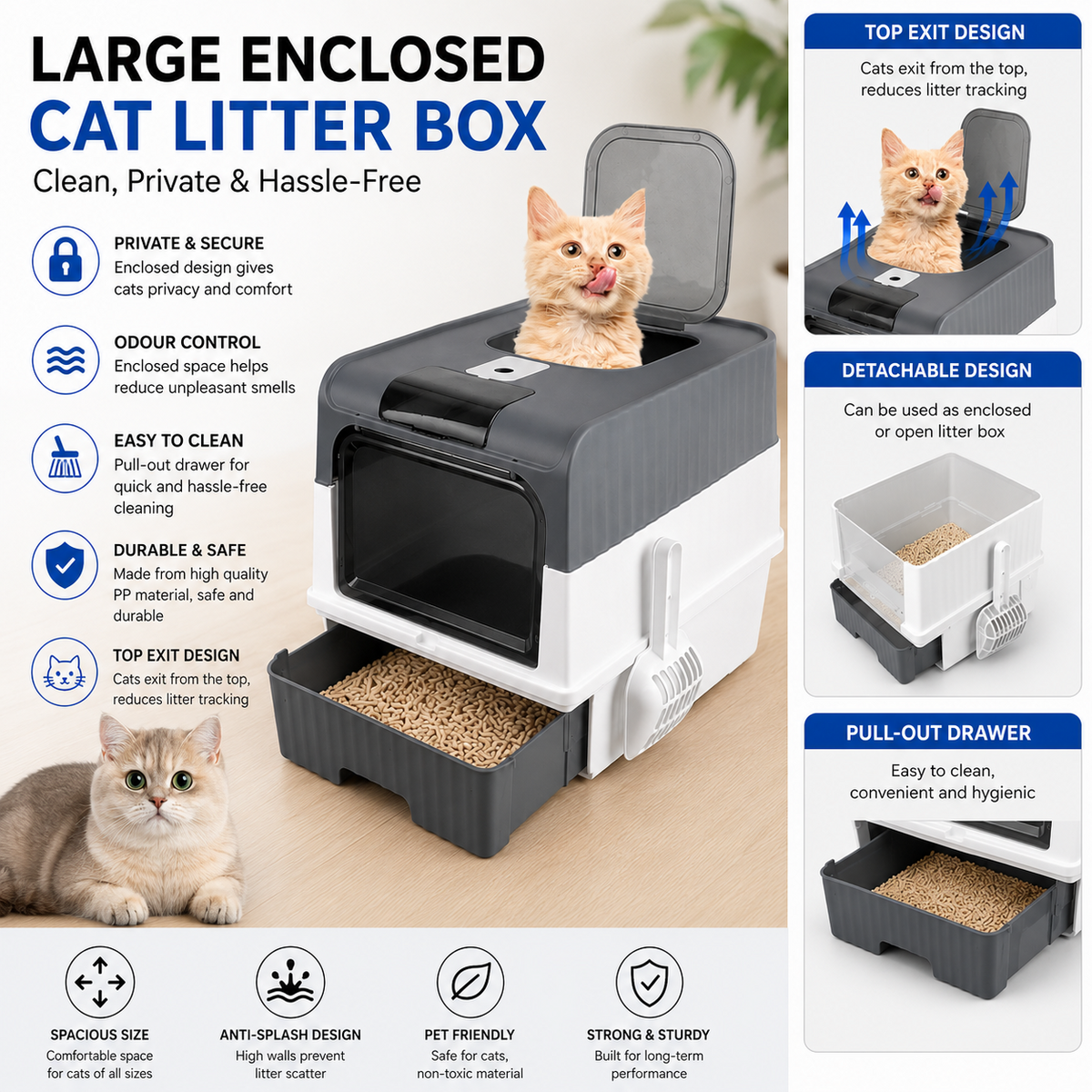 Large Enclosed Cat Litter Box Pull Out Drawer Anti-Splash Toilet Tray Grey UK