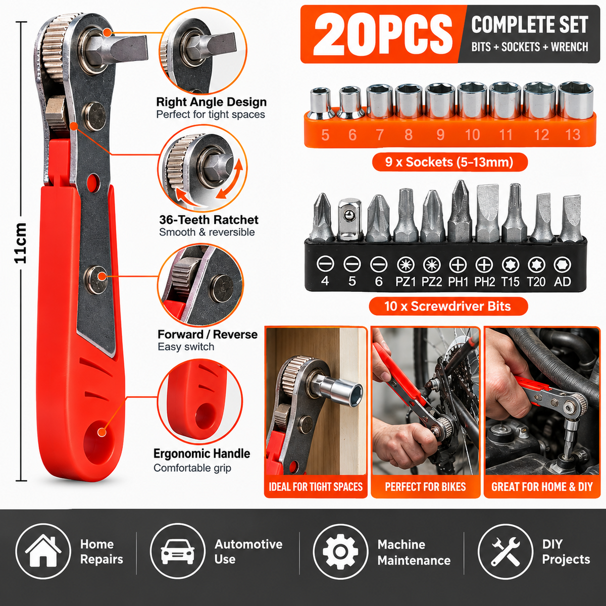 Right Angle Magnetic Screwdriver Mini Ratchet Wrench High Torque Bits Socket Set
