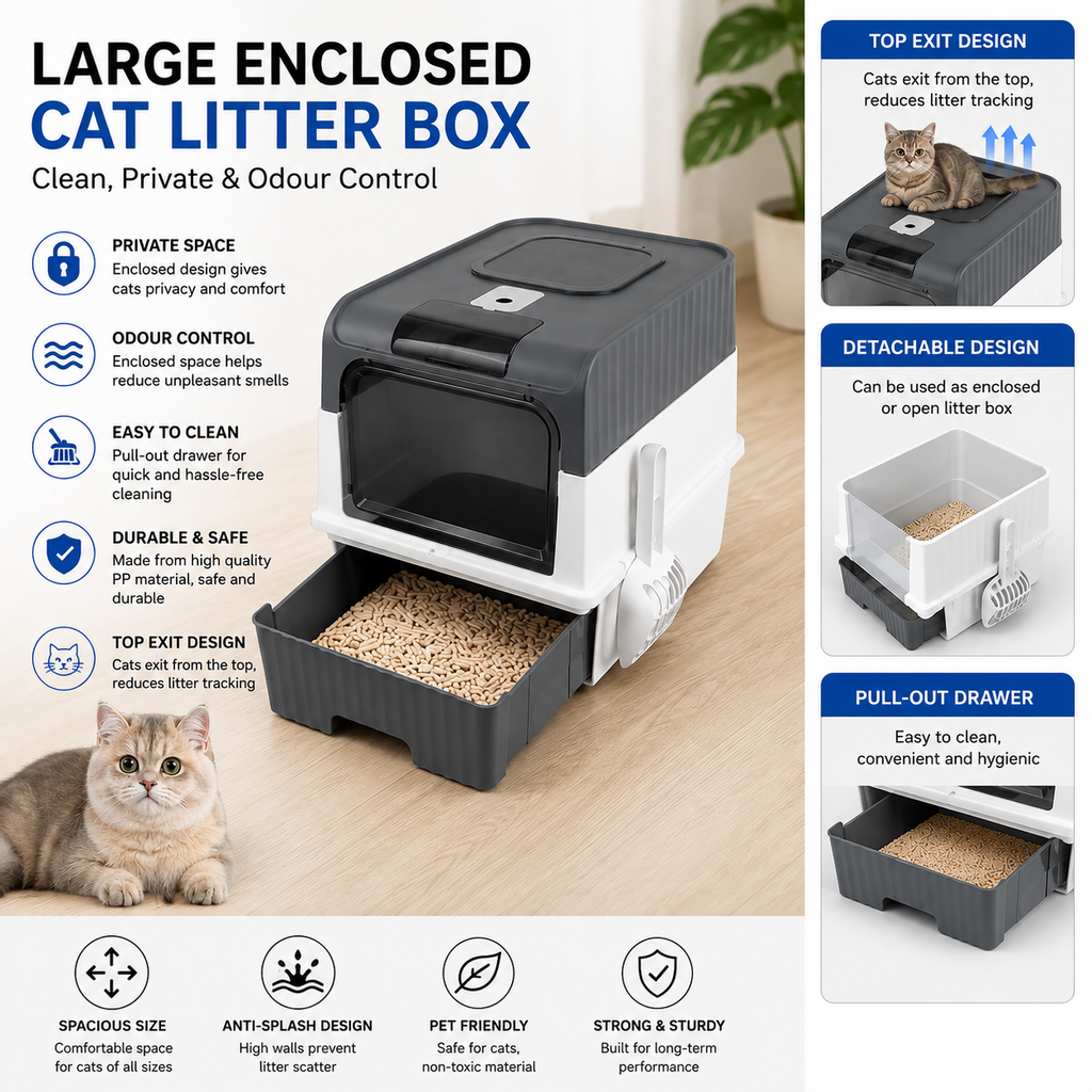 Large Enclosed Cat Litter Box Pull Out Drawer Anti-Splash Toilet Tray Grey UK
