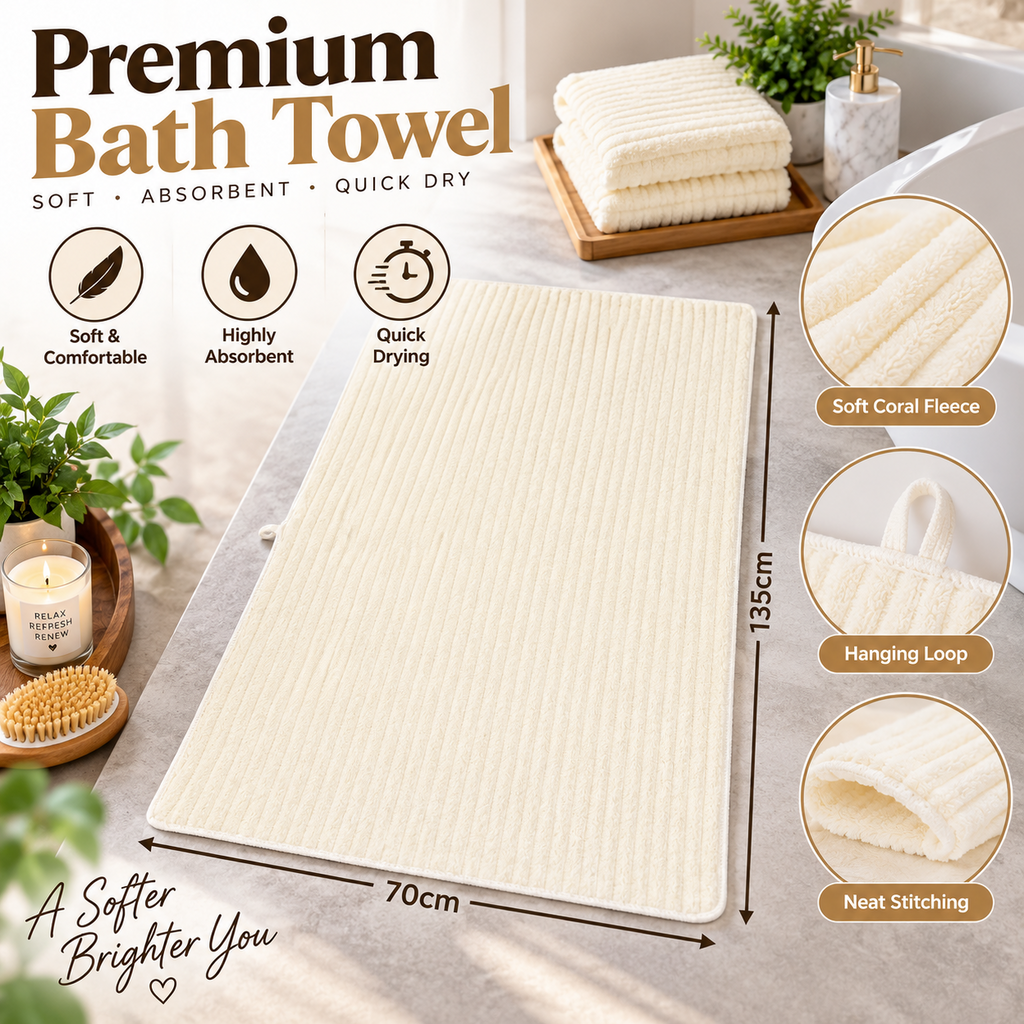 4PCS Bath Towels Soft Coral Fleece Absorbent Quick Dry White Towels