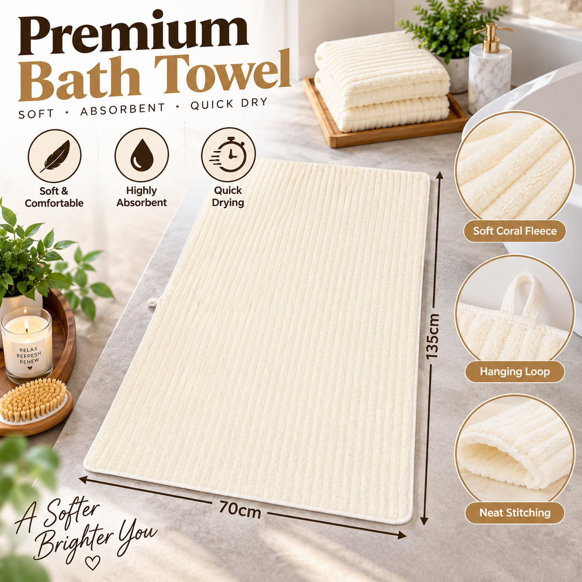 4PCS Bath Towels Soft Coral Fleece Absorbent Quick Dry White Towels