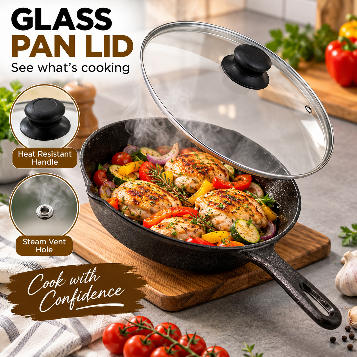 Glass Pan Lid Replacement Tempered Glass Saucepan Frying Pan Pot Cover with Knob