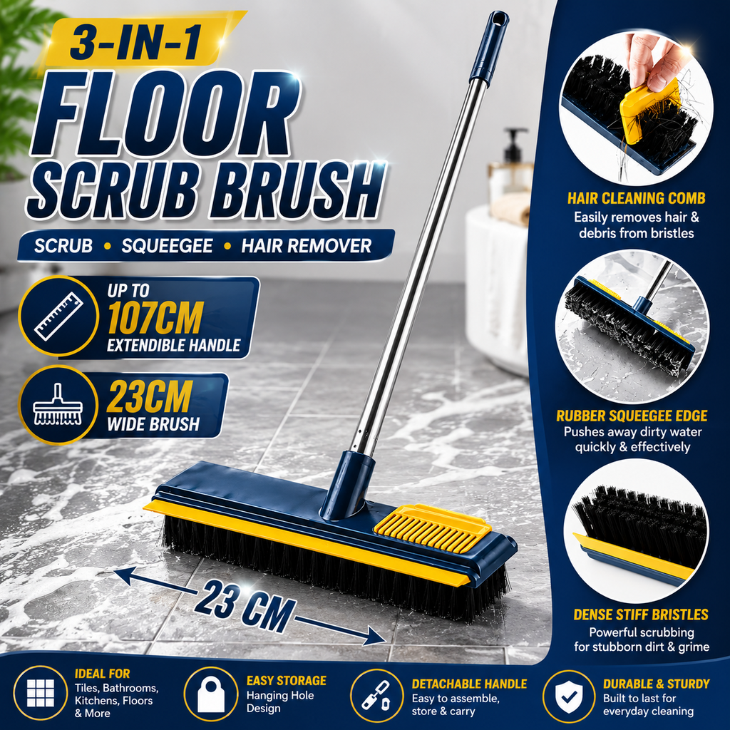3 in 1 Floor Scrub Brush Long Handle Stiff Bristle Squeegee Hair Cleaning Comb
