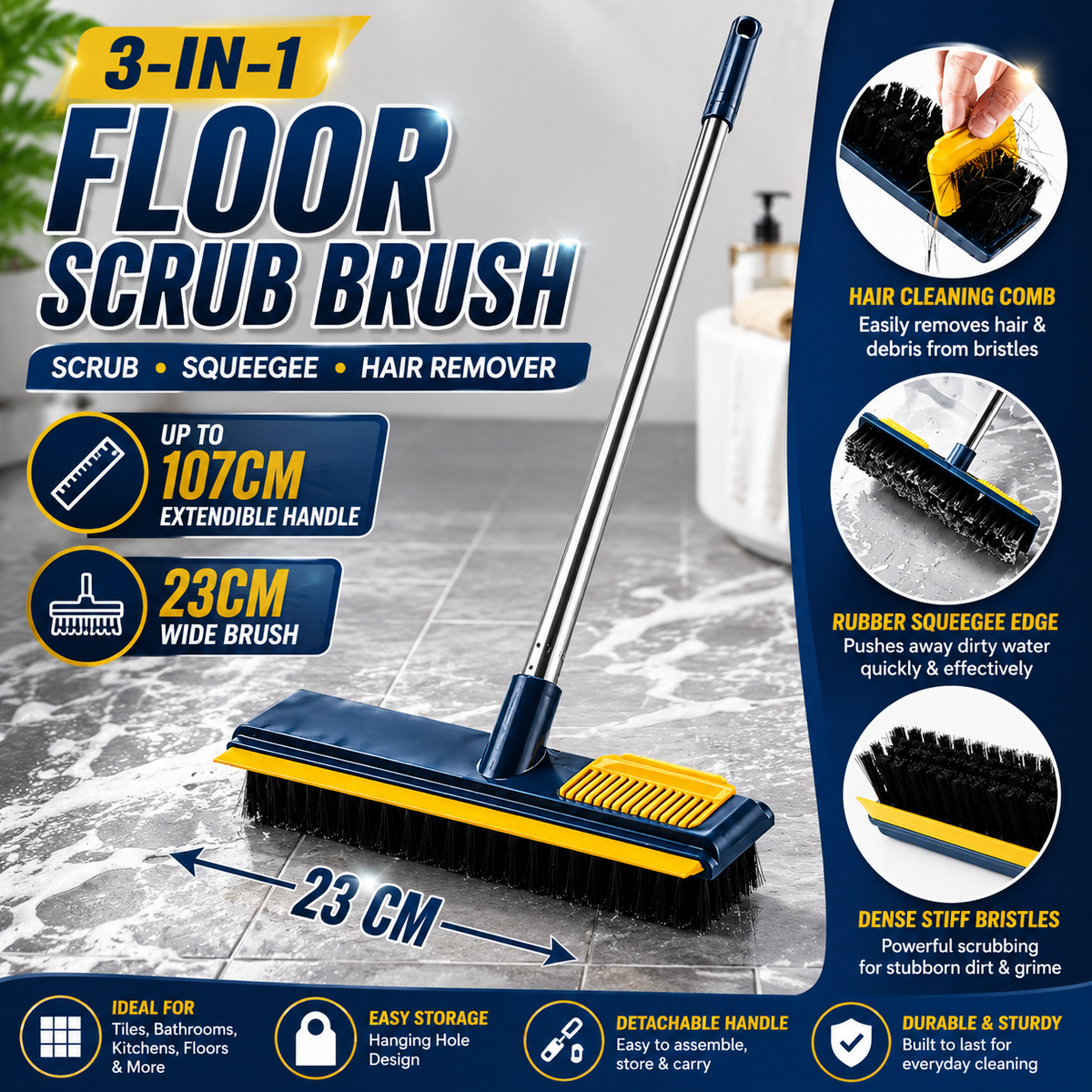 3 in 1 Floor Scrub Brush Long Handle Stiff Bristle Squeegee Hair Cleaning Comb