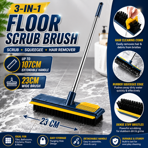 3 in 1 Floor Scrub Brush Long Handle Stiff Bristle Squeegee Hair Cleaning Comb