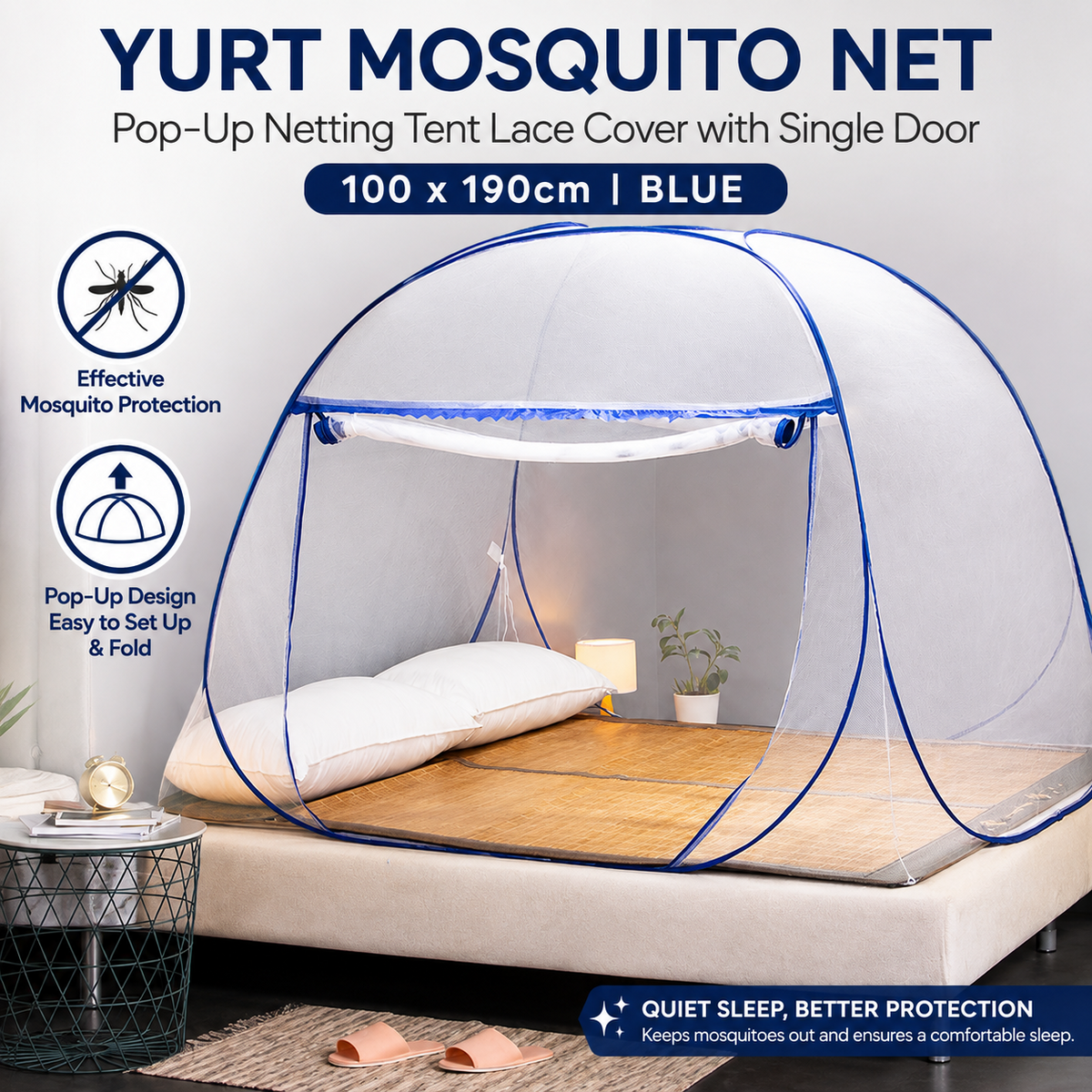 Pop Up Mosquito Net Bed Tent Foldable Single Door 100x190cm Blue