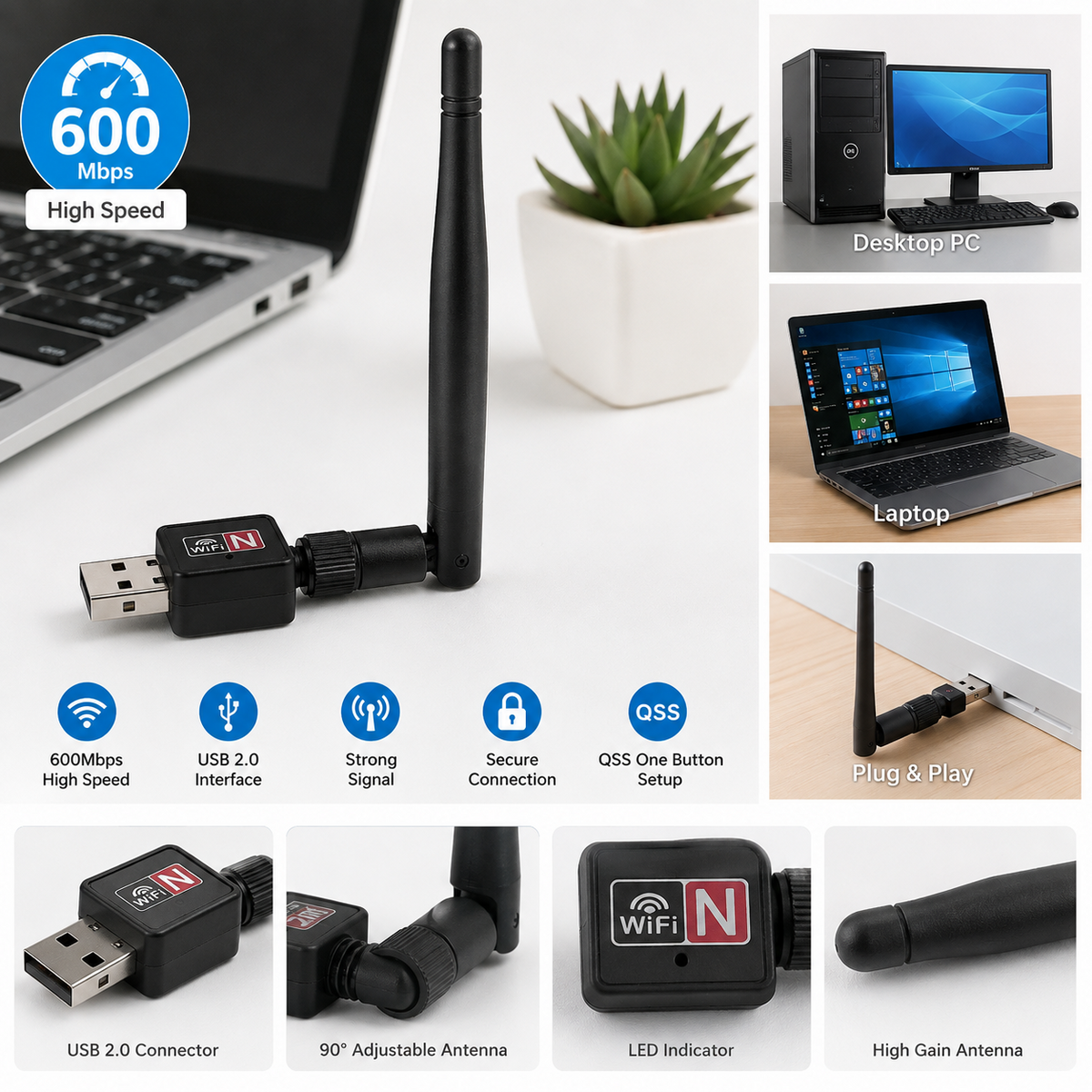 600Mbps USB WiFi Adapter Wireless Network Dongle for PC Laptop Windows UK