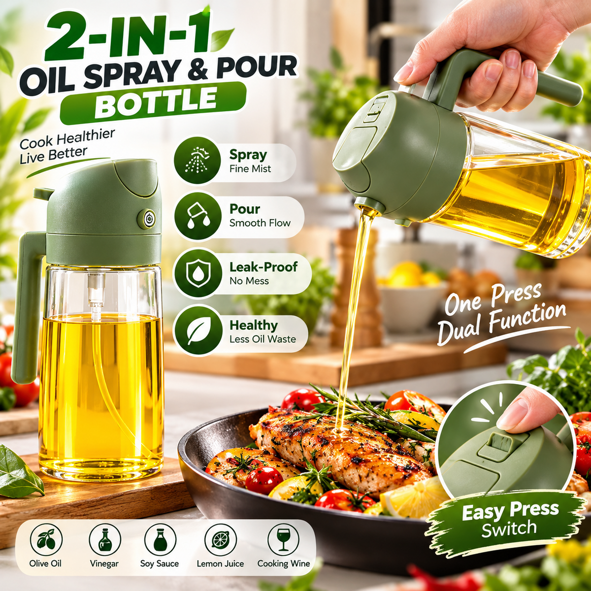 2 in 1 Oil Sprayer & Dispenser Glass Spray Pour Bottle for Cooking Kitchen