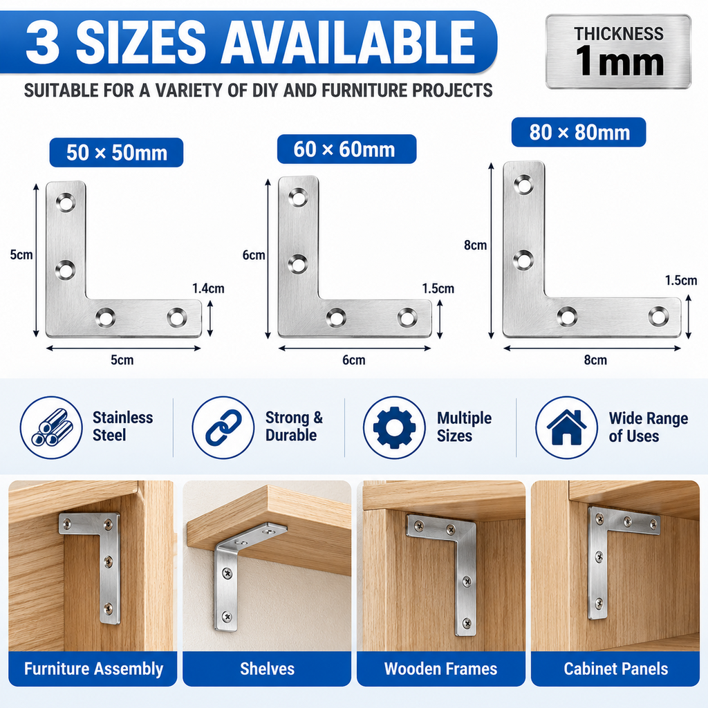 10PCS 80x80mm Stainless Steel L Shape Corner Brackets Flat Plates with Screws