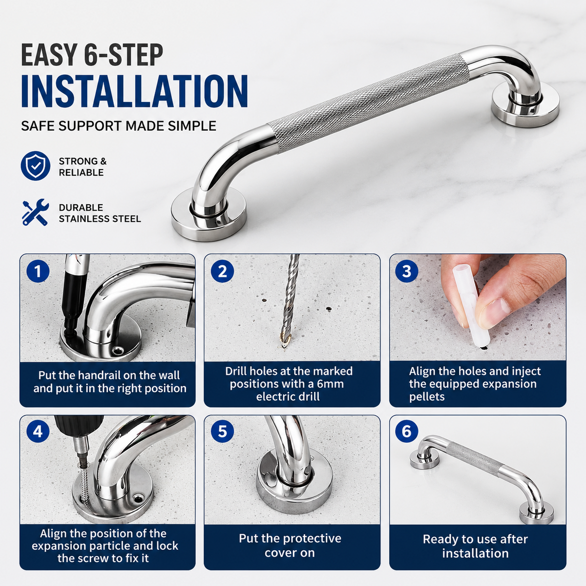 Stainless Steel Bathroom Grab Rail Non Slip Safety Handrail Shower Support Handl