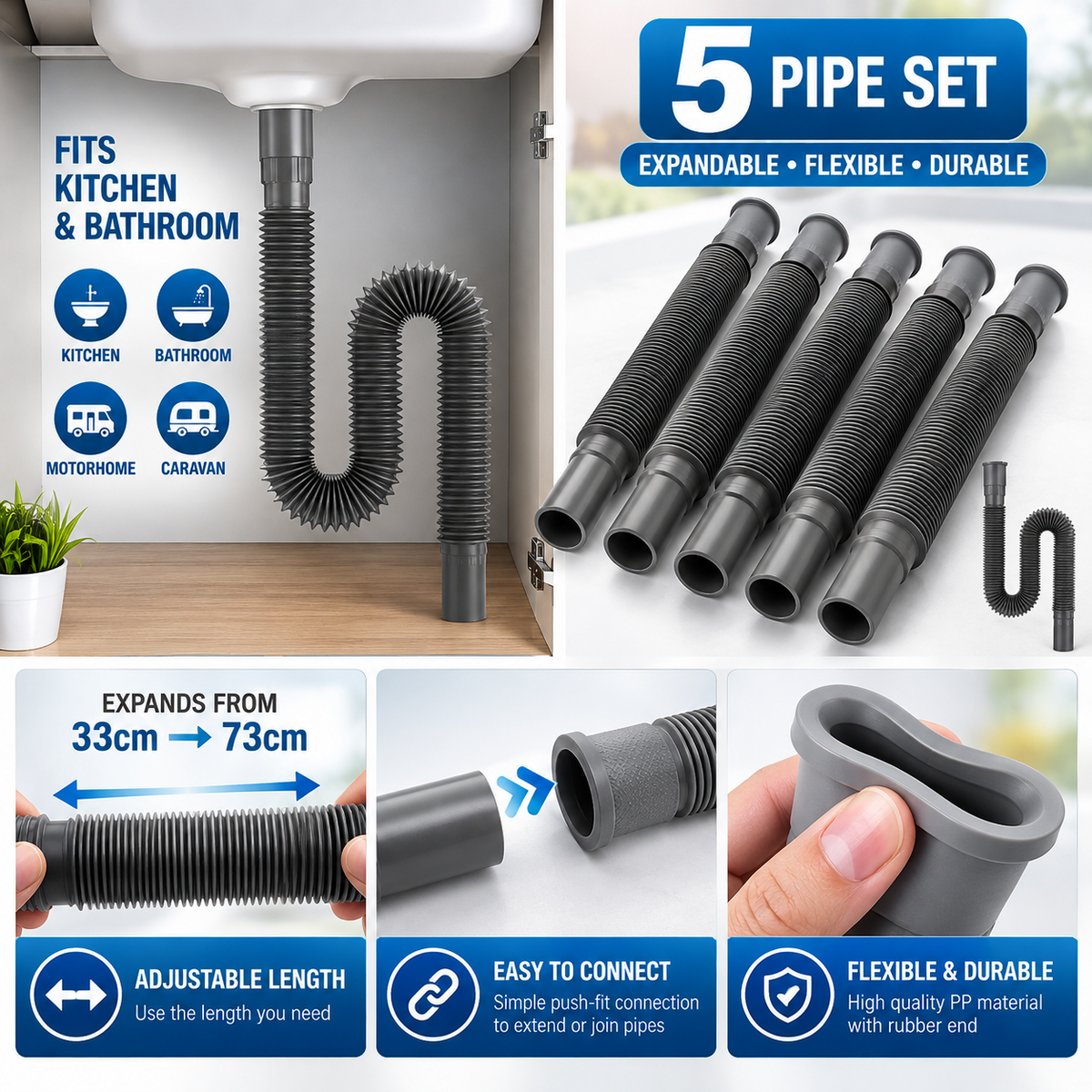 5Pcs Collapsible Flexible Waste Drainage Pipes Caravan Motorhome Drain Hose