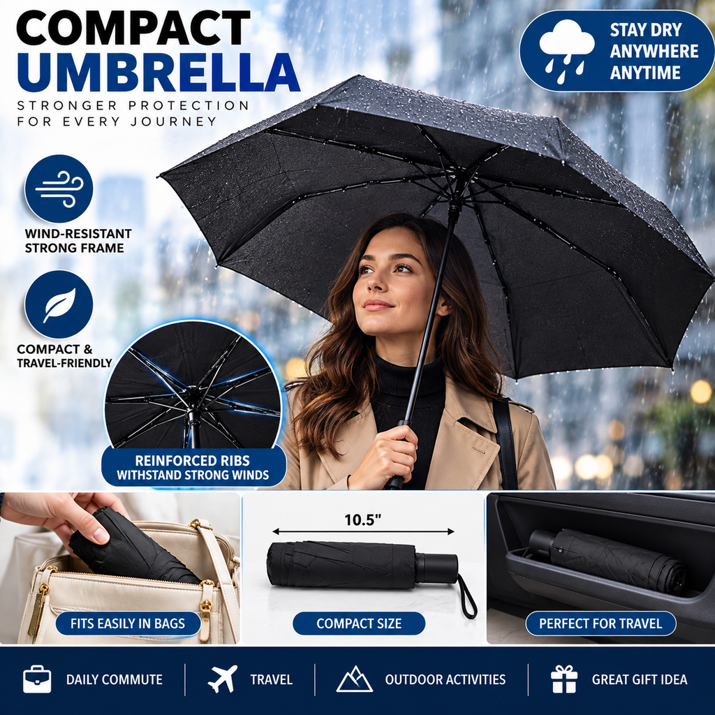 Compact Folding Umbrella Wind Resistant Lightweight Travel Rain Umbrella Black