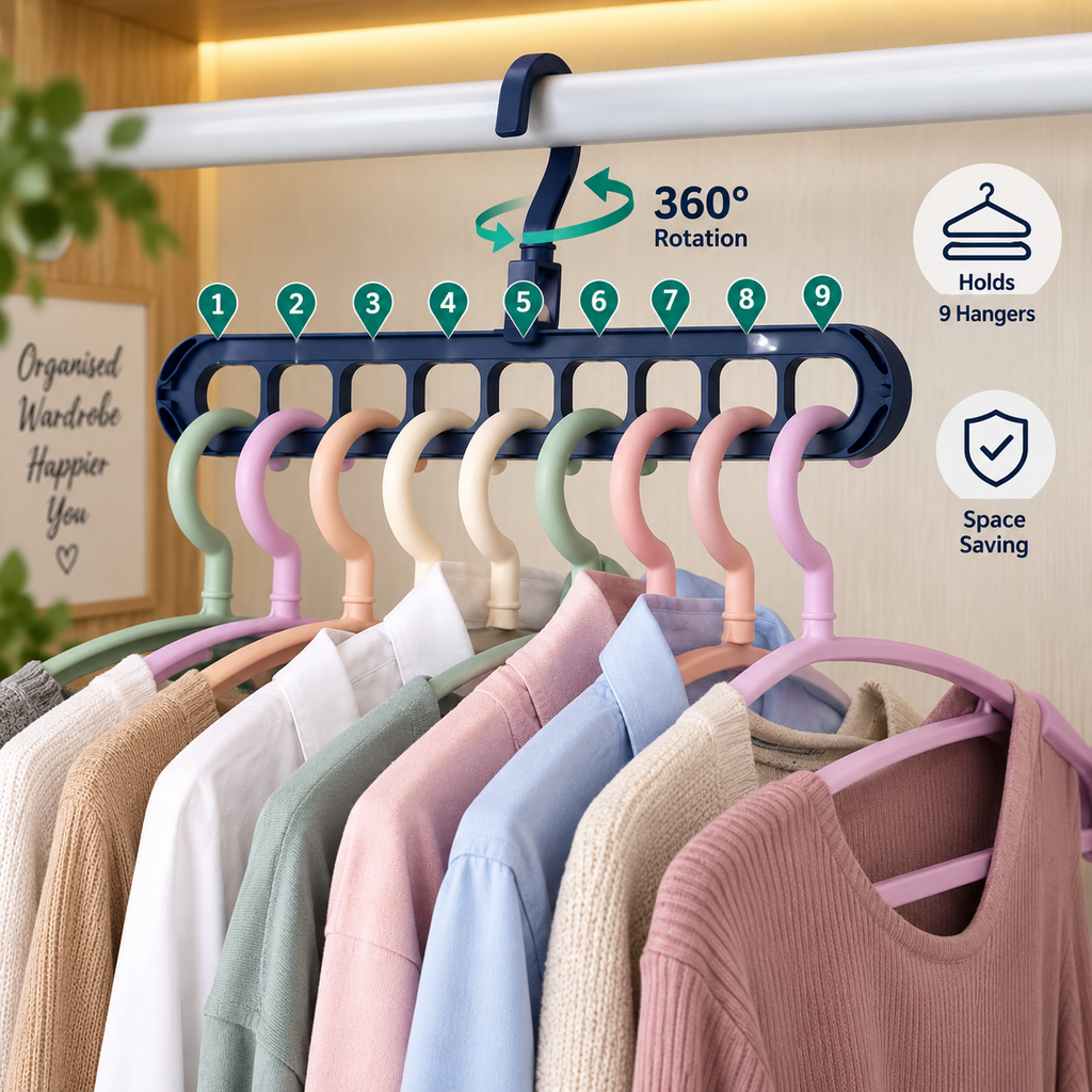10PCS 9-Hole Space Saving Clothes Hanger Organisers – 360° Rotating Hooks