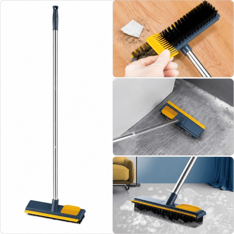 3 in 1 Floor Scrub Brush Long Handle Stiff Bristle Squeegee Hair Cleaning Comb