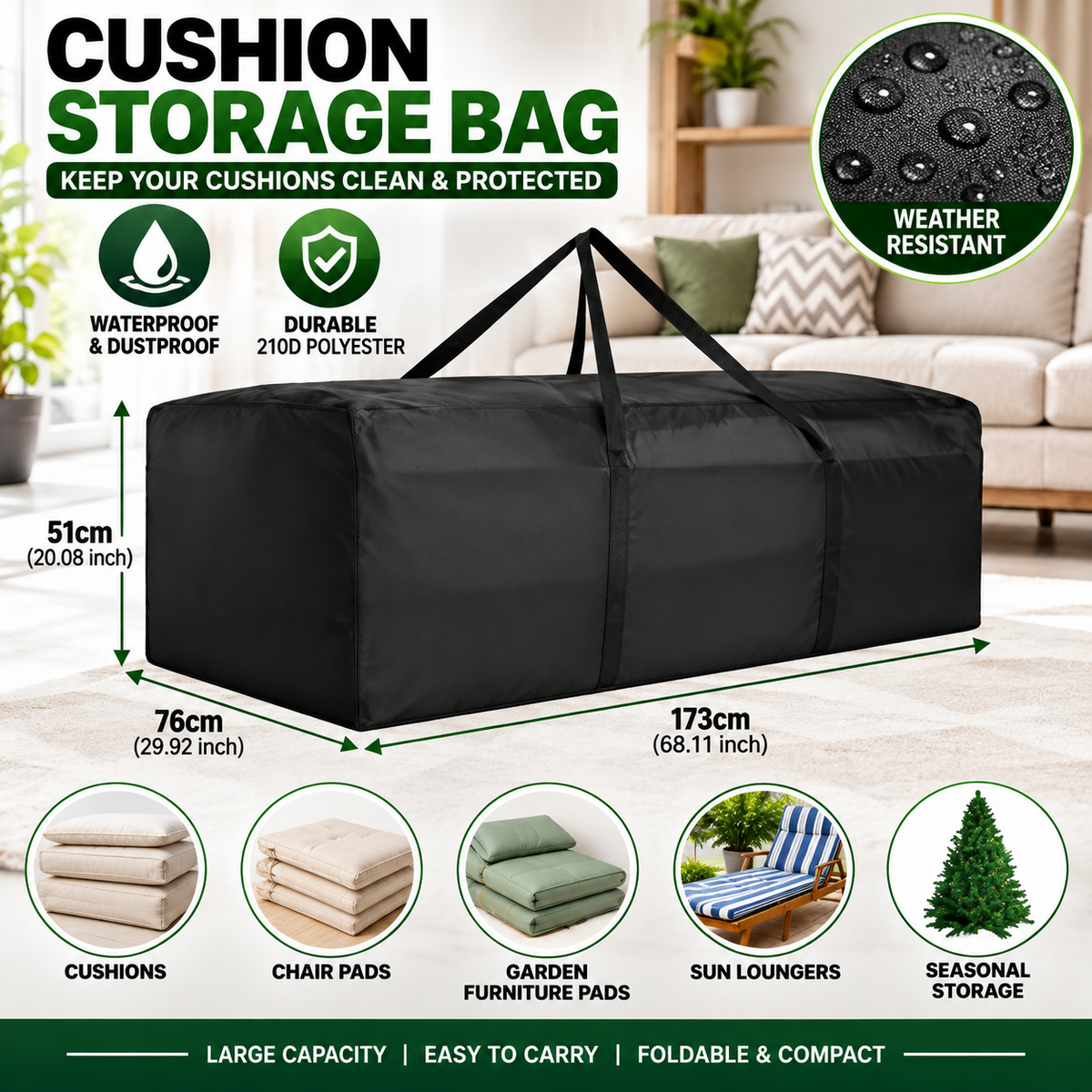 Outdoor Garden Cushion Storage Bag Dustproof Furniture Seat Pad Protective Cover