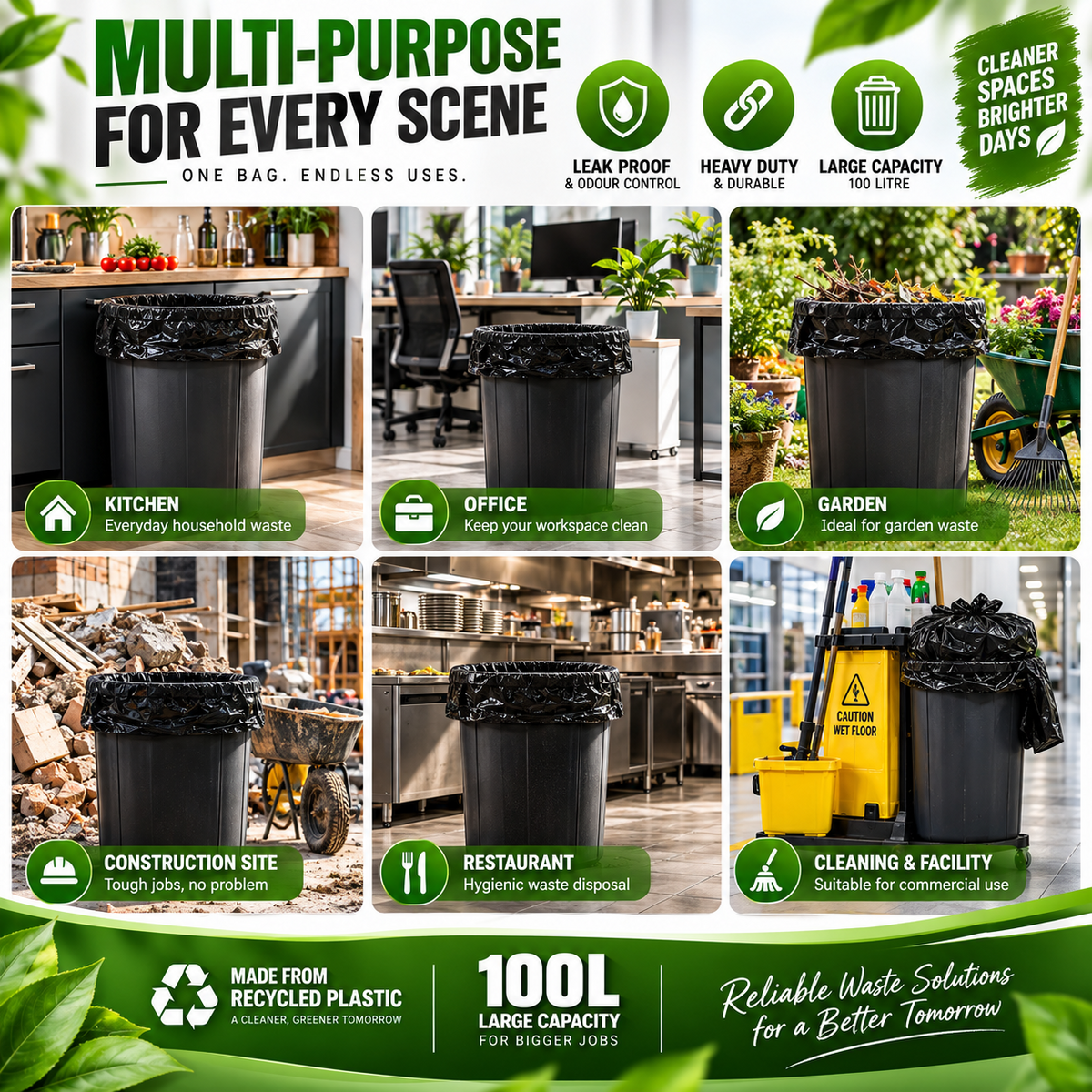 20PCS 100L Heavy Duty Bin Bags Black Refuse Sacks Leak Proof Recycled Plastic