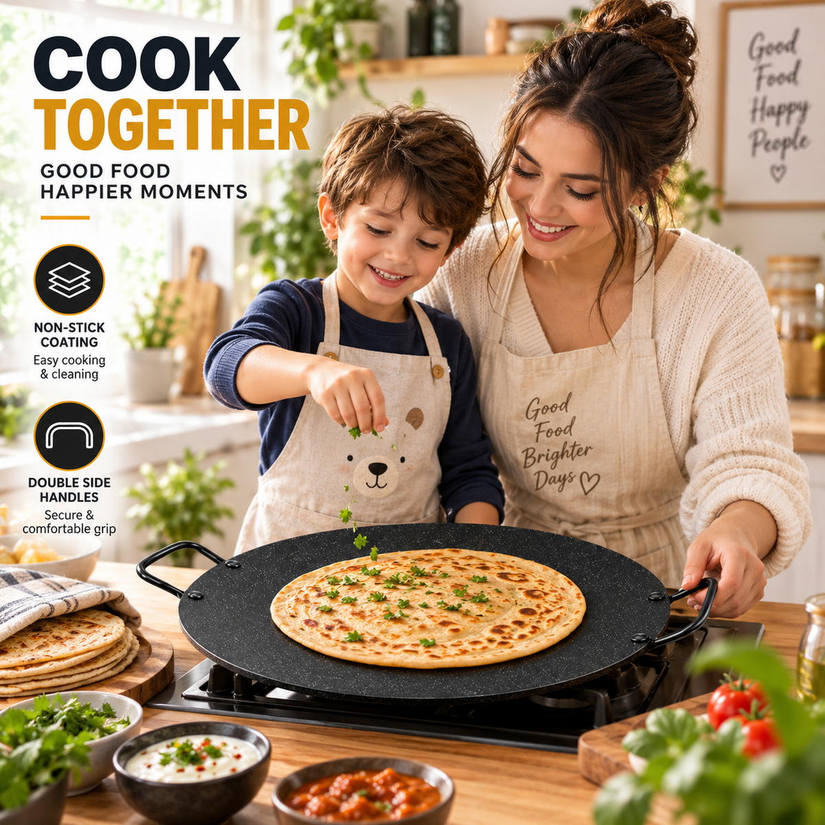 40CM Non Stick Tawa Griddle Pan Double Handle Roti Chapati Pancake Cooking Plate