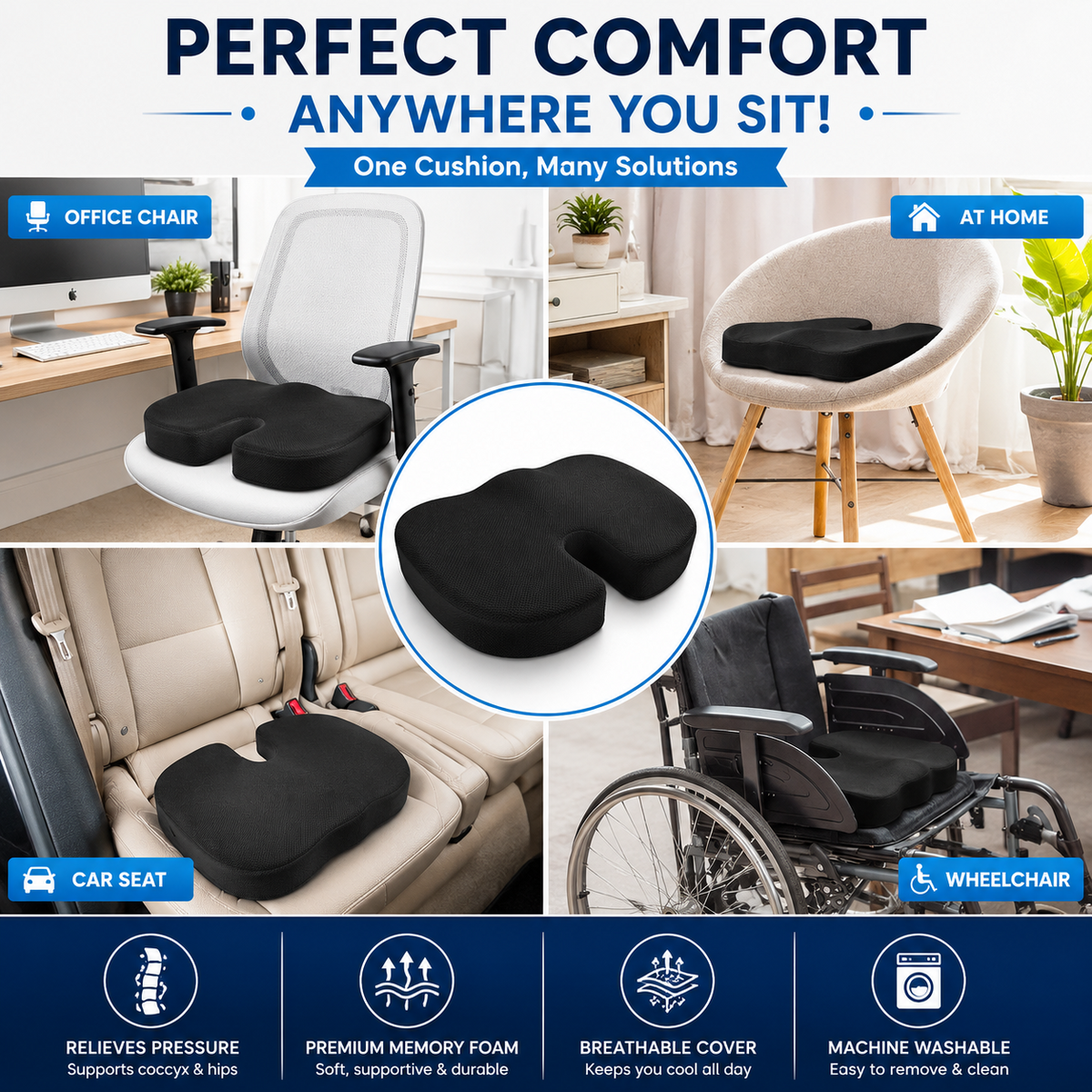 Memory Foam Seat Cushion Coccyx Tailbone Hip Support Office Car Chair Pillow UK