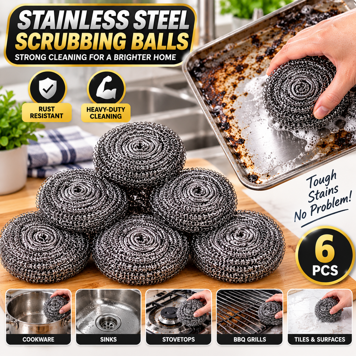 6PCS Stainless Steel Scourers Heavy Duty Scrubbing Balls Kitchen Pots Pan BBQ