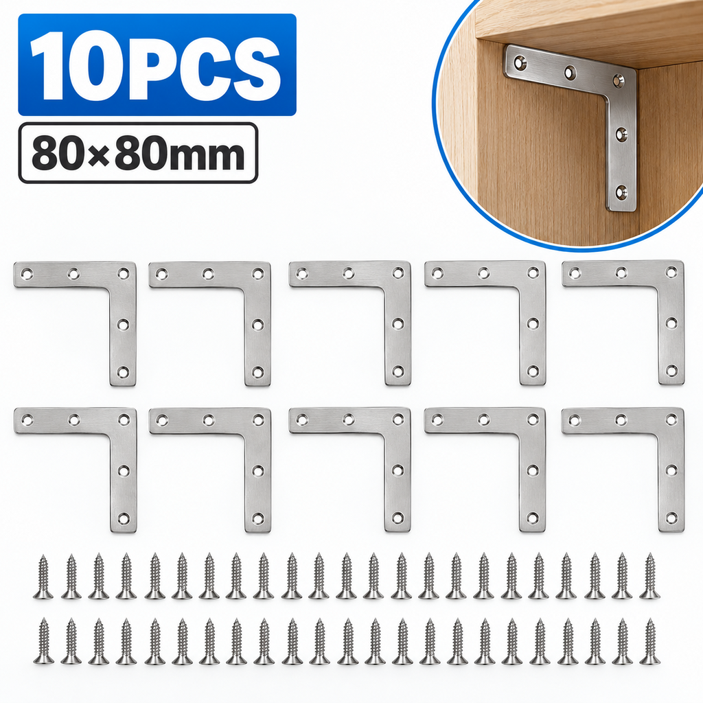 10PCS 80x80mm Stainless Steel L Shape Corner Brackets Flat Plates with Screws