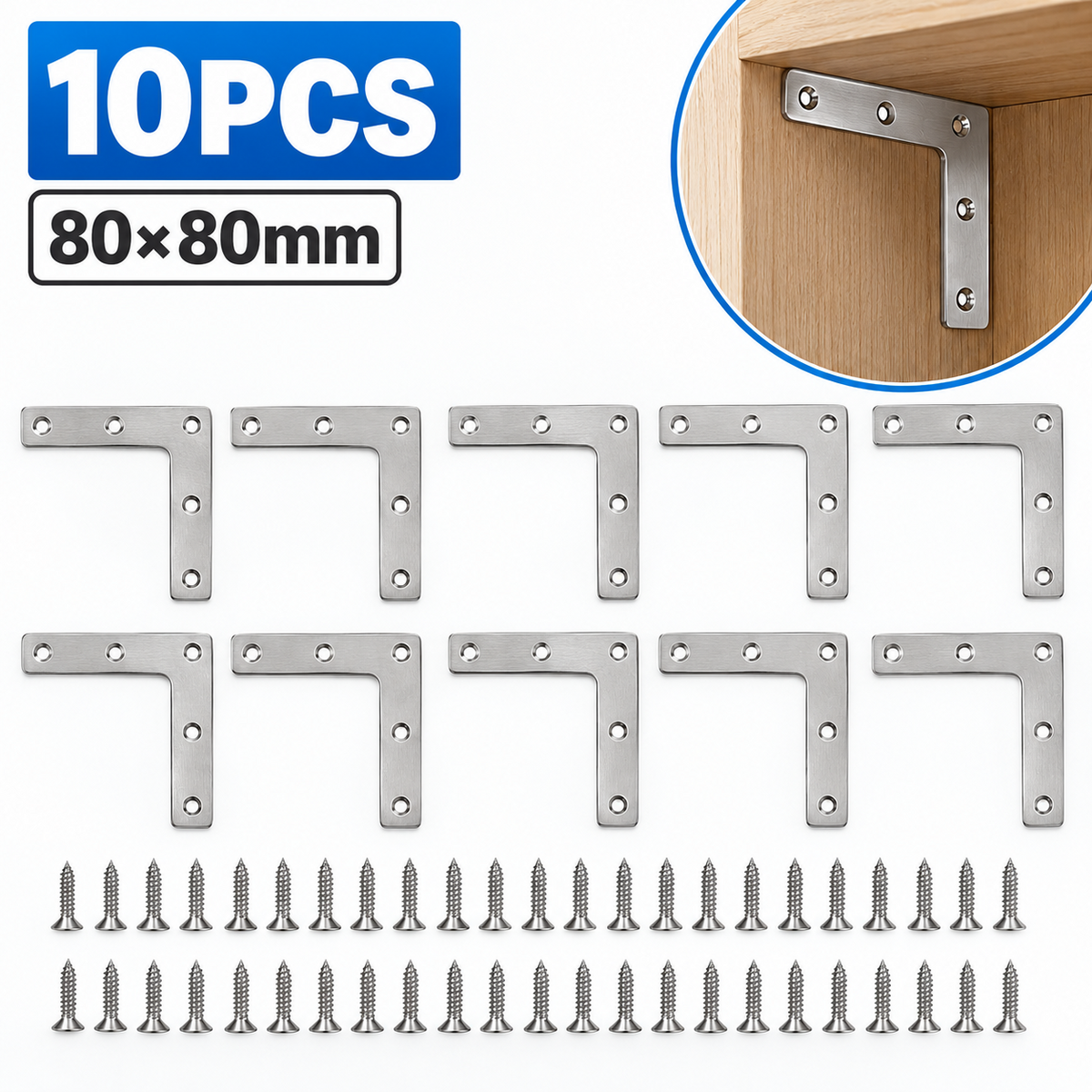 10PCS 80x80mm Stainless Steel L Shape Corner Brackets Flat Plates with Screws