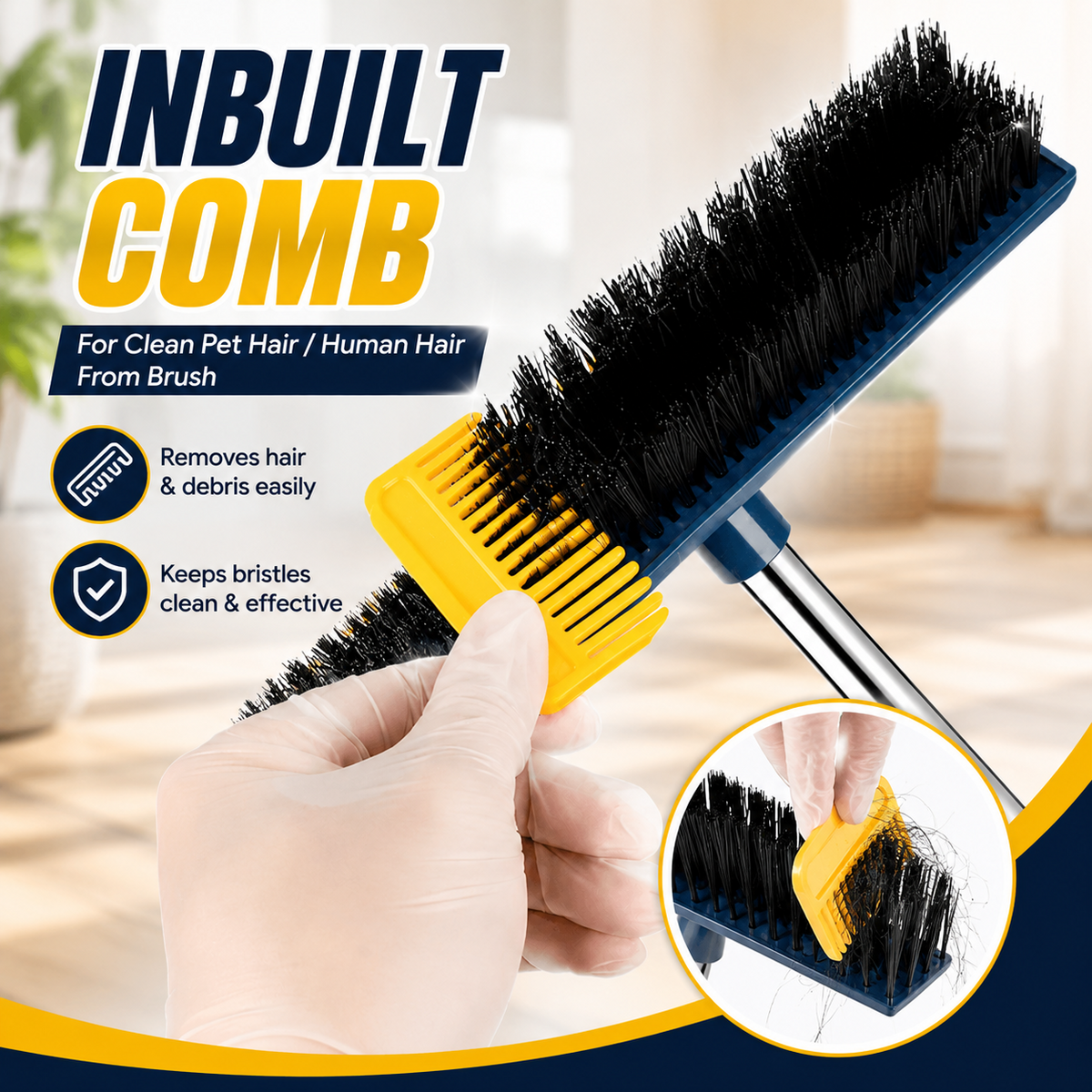 3 in 1 Floor Scrub Brush Long Handle Stiff Bristle Squeegee Hair Cleaning Comb