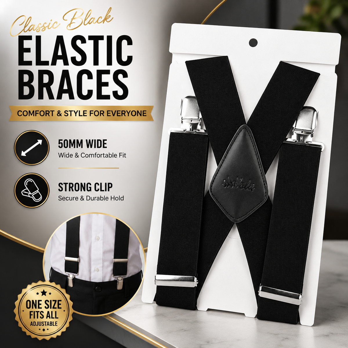 50mm Wide Black Trouser Braces Mens Womens Adjustable Elastic X Back Suspenders