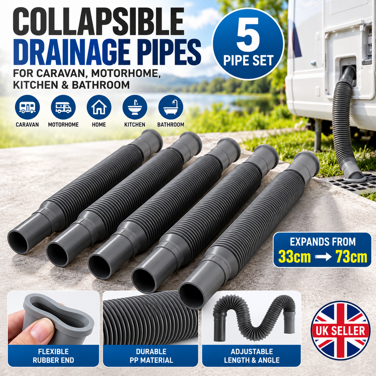 5Pcs Collapsible Flexible Waste Drainage Pipes Caravan Motorhome Drain Hose