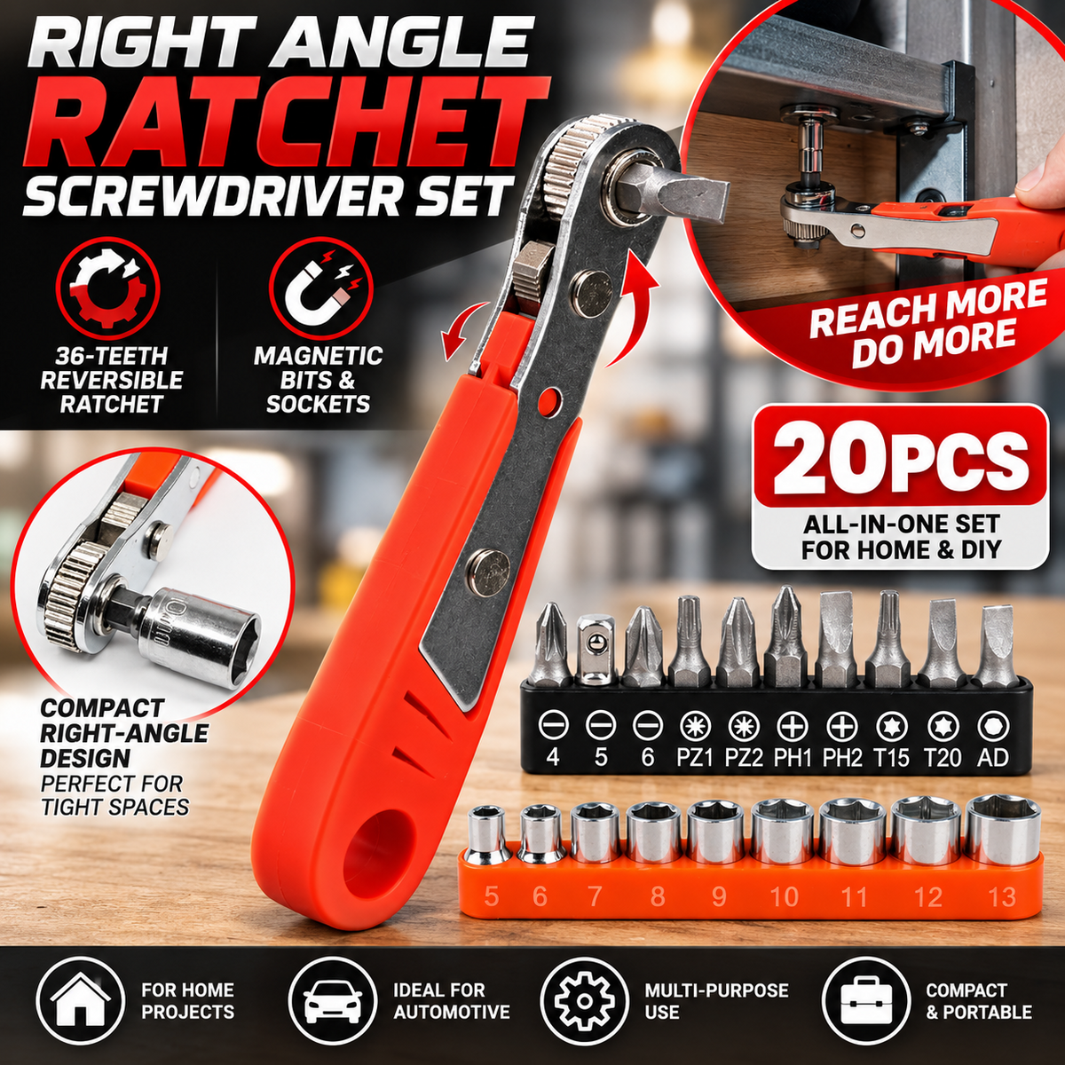 Right Angle Magnetic Screwdriver Mini Ratchet Wrench High Torque Bits Socket Set