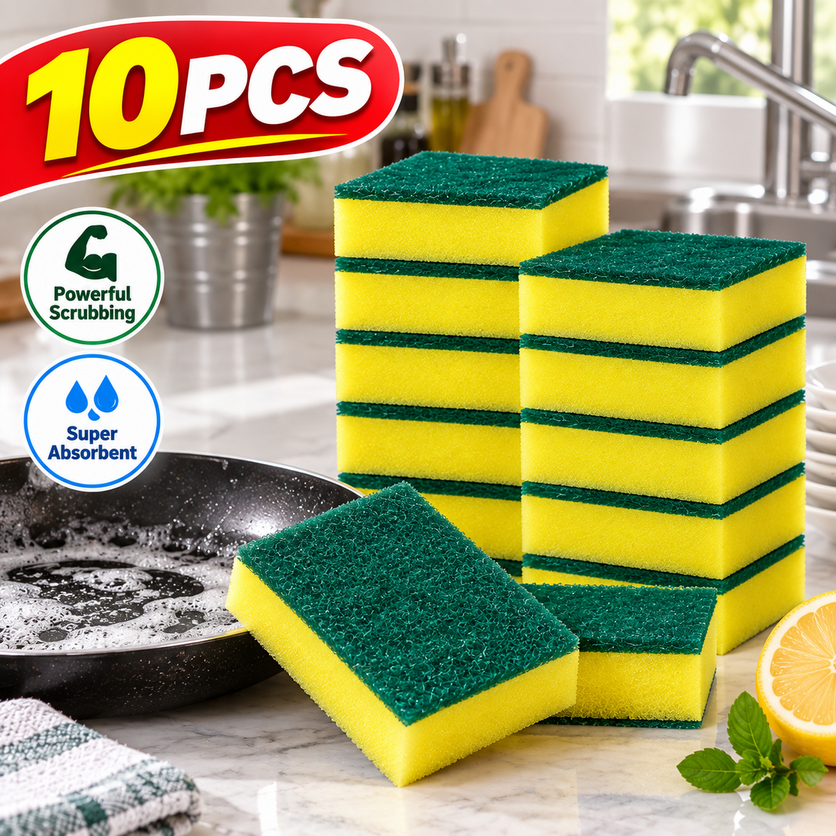 10PCS Kitchen Cleaning Sponges Heavy Duty Scouring Pads Dish Washing Scrubbers