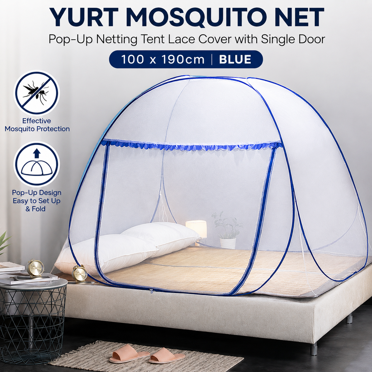 Pop Up Mosquito Net Bed Tent Foldable Single Door 100x190cm Blue