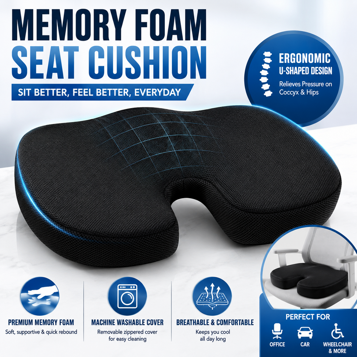 Memory Foam Seat Cushion Coccyx Tailbone Hip Support Office Car Chair Pillow UK