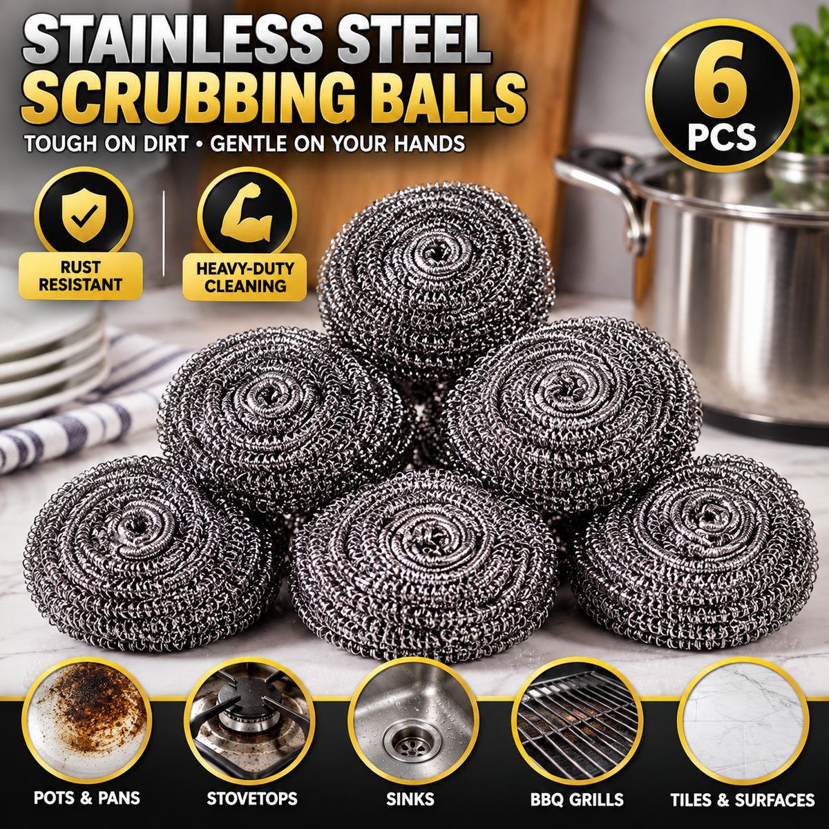 6PCS Stainless Steel Scourers Heavy Duty Scrubbing Balls Kitchen Pots Pan BBQ