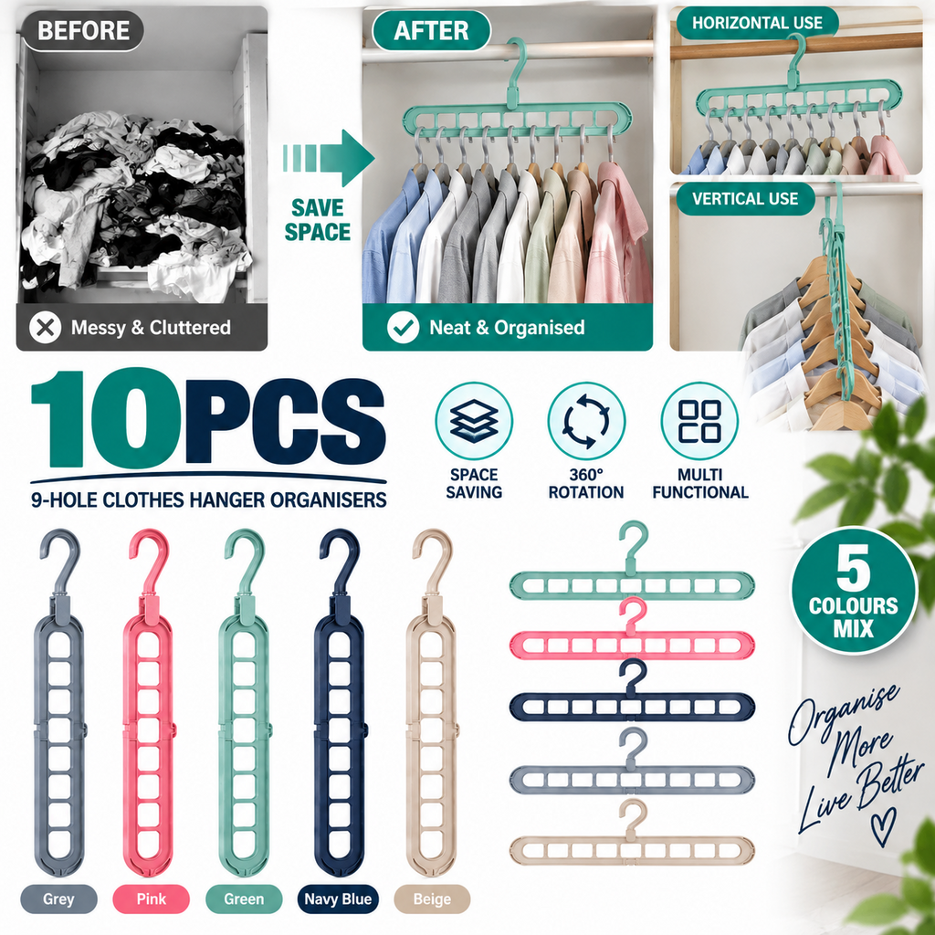 10PCS 9-Hole Space Saving Clothes Hanger Organisers – 360° Rotating Hooks