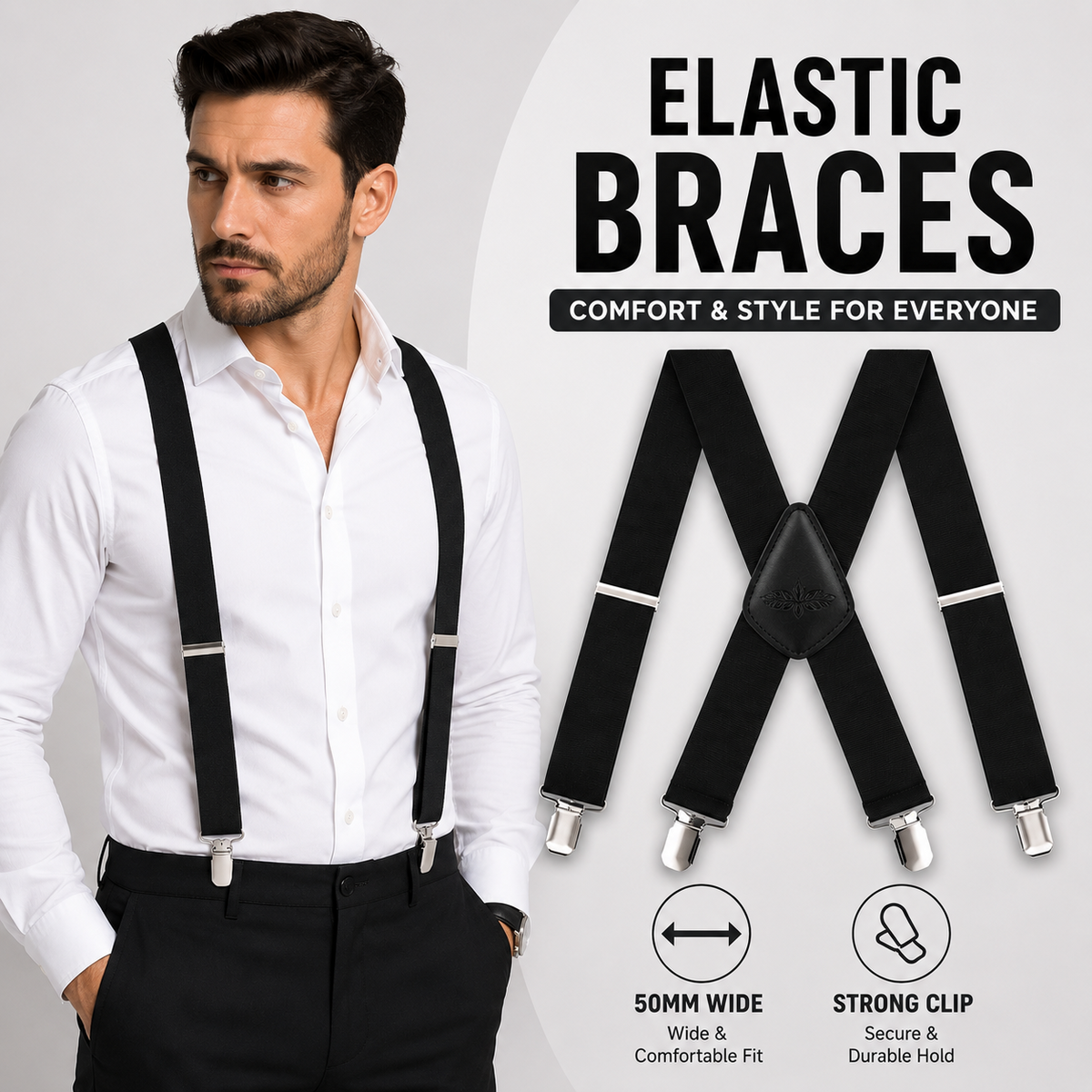 50mm Wide Black Trouser Braces Mens Womens Adjustable Elastic X Back Suspenders