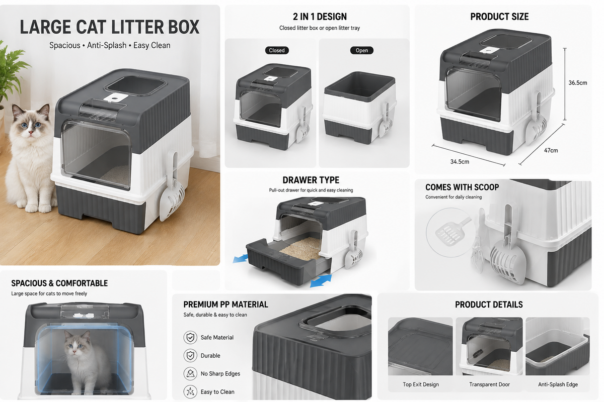 Large Enclosed Cat Litter Box Pull Out Drawer Anti-Splash Toilet Tray Grey UK